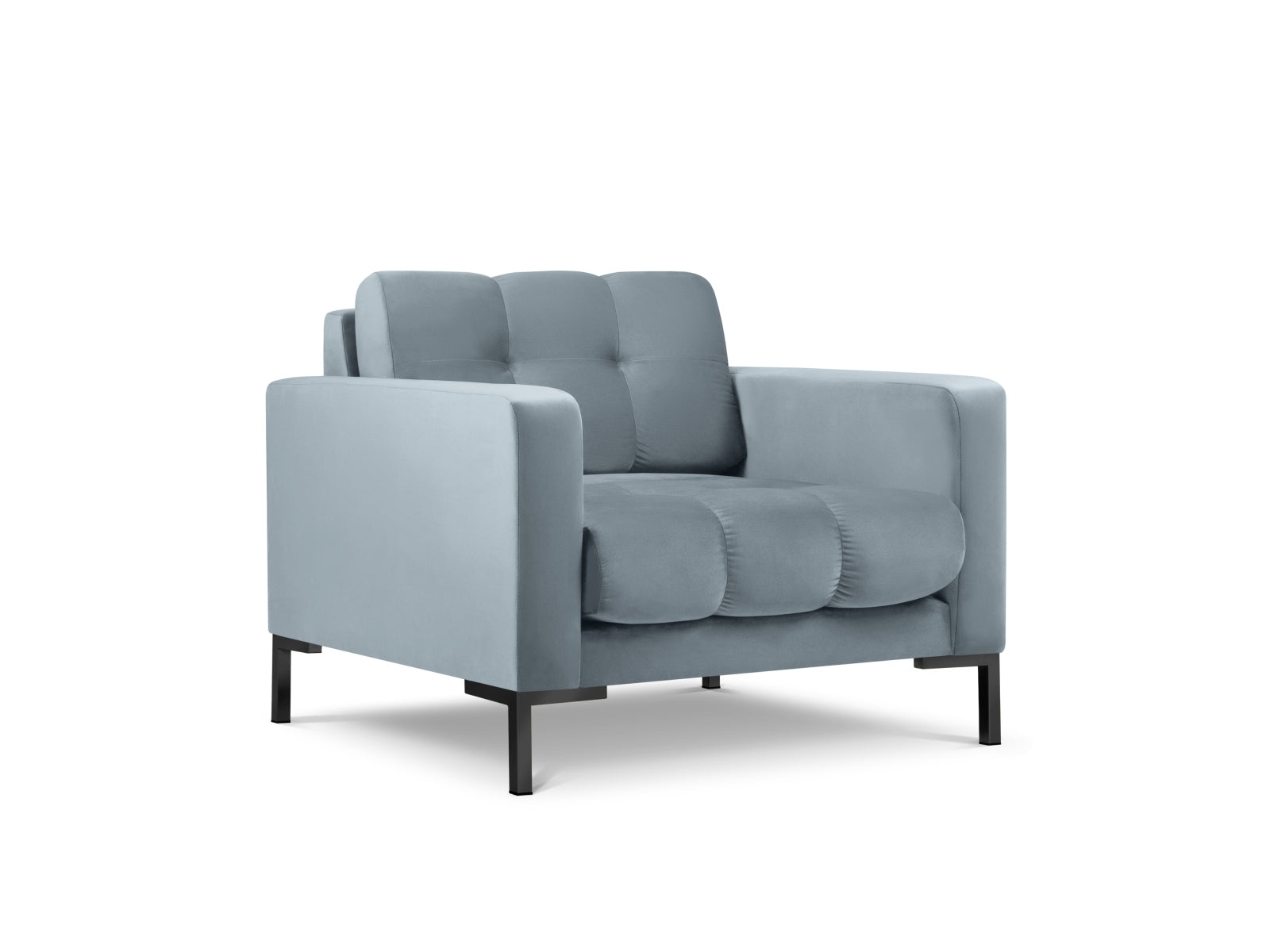 Moderner Mamaia Velour Sessel in zartem Hellblau und edlem Schwarz, perfekt für stilvolle Interiors und entspannende Momente.