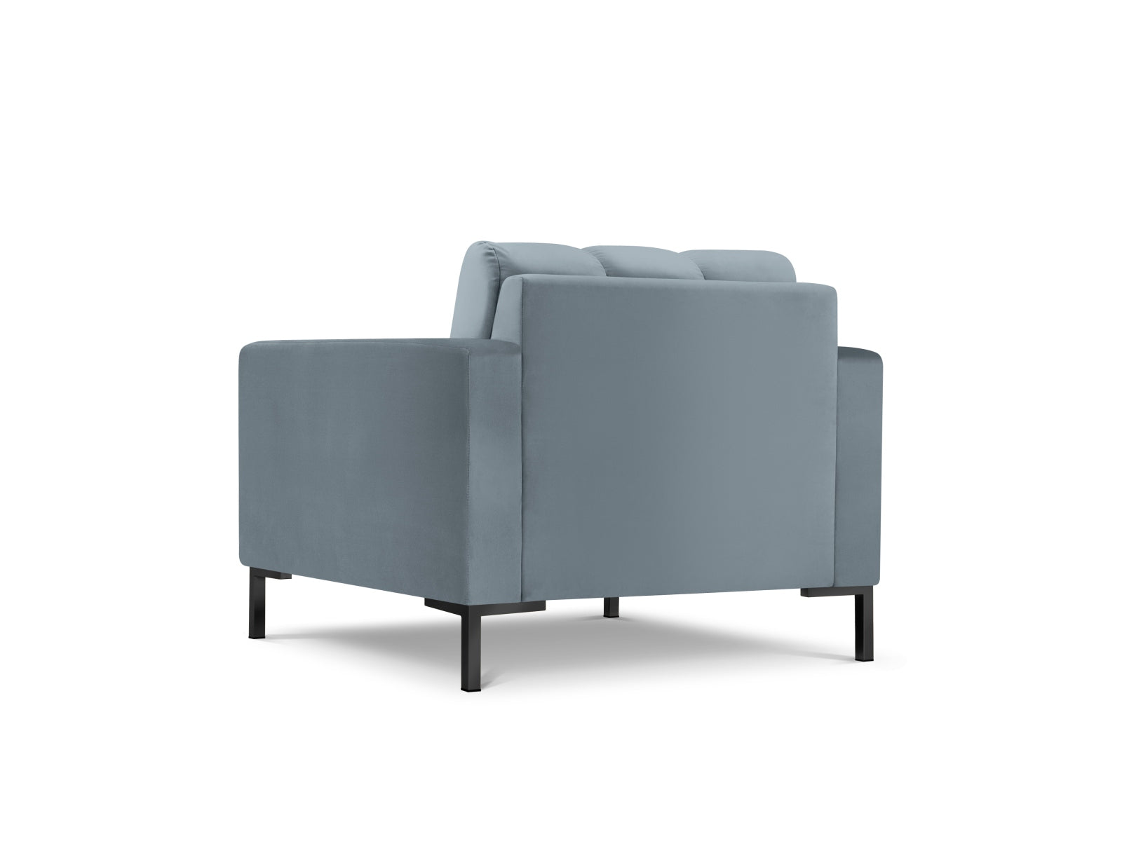 Eleganter Mamaia Velour Sessel in sanftem Hellblau und klassischem Schwarz, ideal für gemütliche Leseecken und modernes Wohndesign.