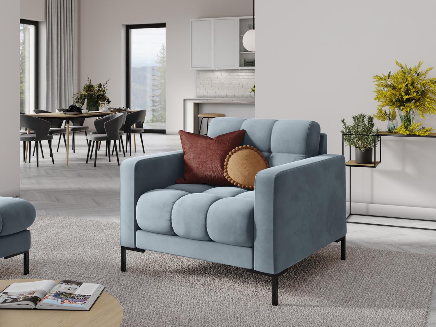 Eleganter Mamaia Velour Sessel in sanftem Hellblau und stilvollem Schwarz, ideal für moderne Wohnräume und gemütliche Entspannung.