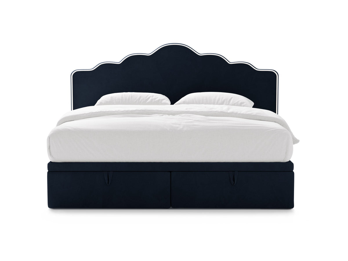 Polsterbett Dream mit hohem gepolstertem Kopfteil, elfenbeinfarbener Samtstoff-Bezug, schwarze Kunststoffbeine und Bettkasten mit Stauraum.