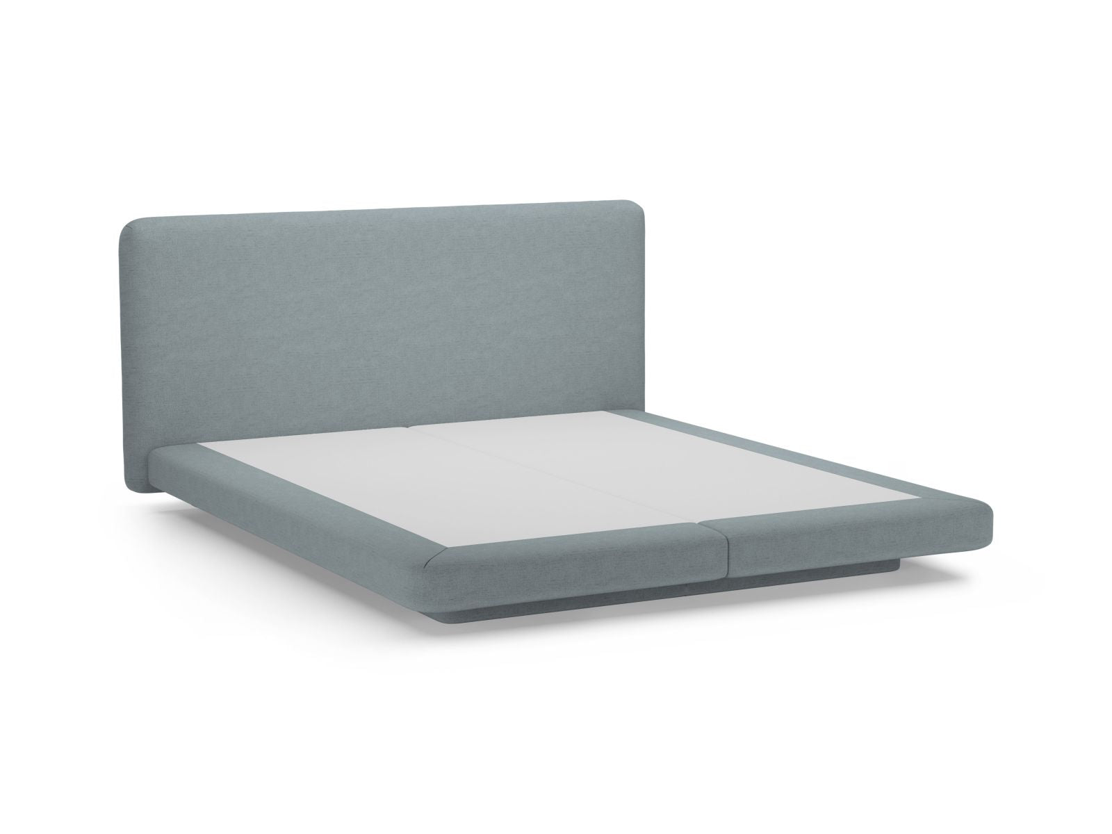 Elegantes Linea Bett mit 140 cm hohem Kopfteil in sanftem Light Blue-Moly, ideal für zeitgemäße Schlafzimmergestaltung von Micadoni.