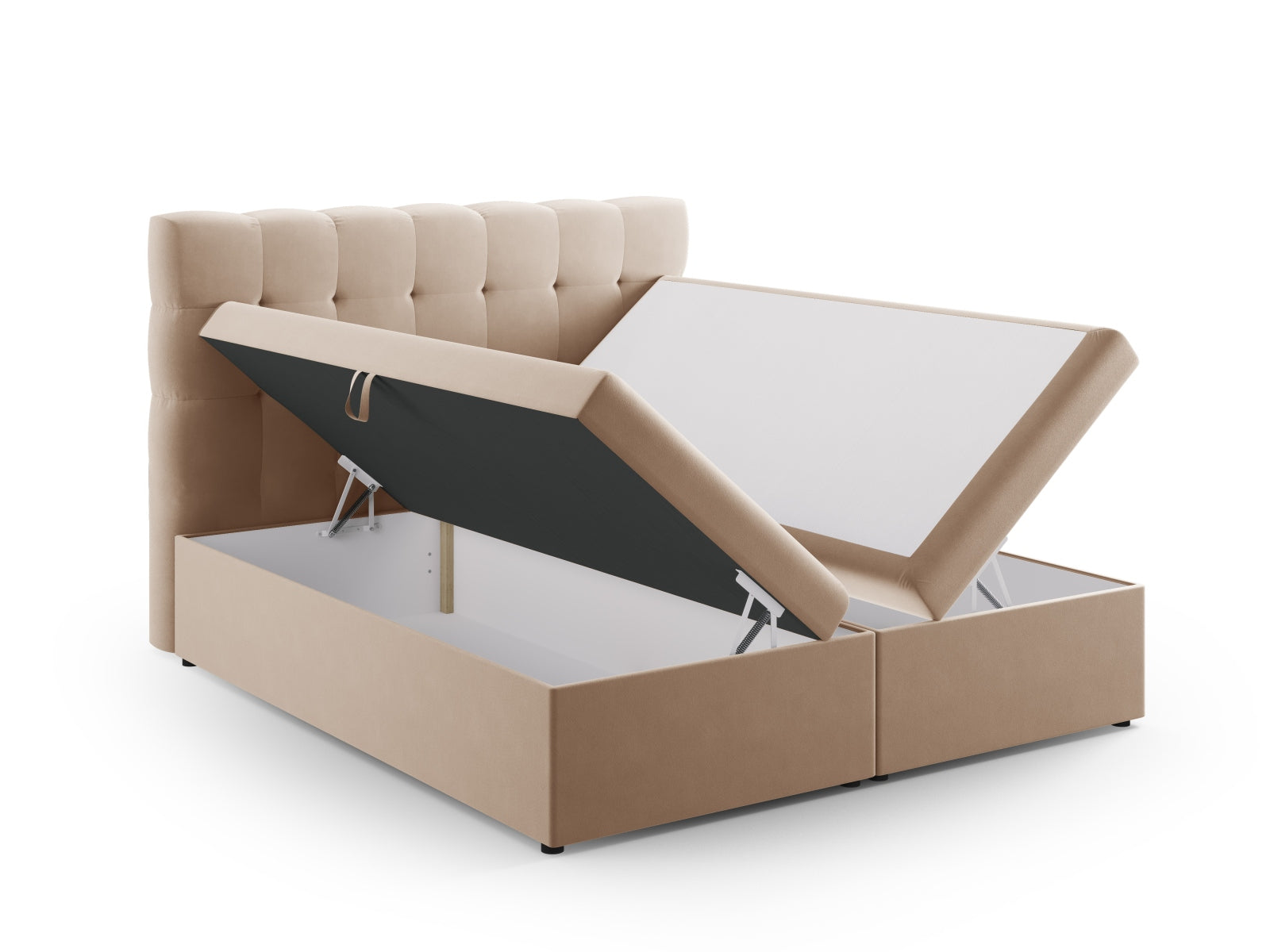 Elegantes Mamaia Boxspringbett-Set in neutralen Farben, bestehend aus Kopfteil, Boxspringmatratze und Topper für erholsame Nächte.