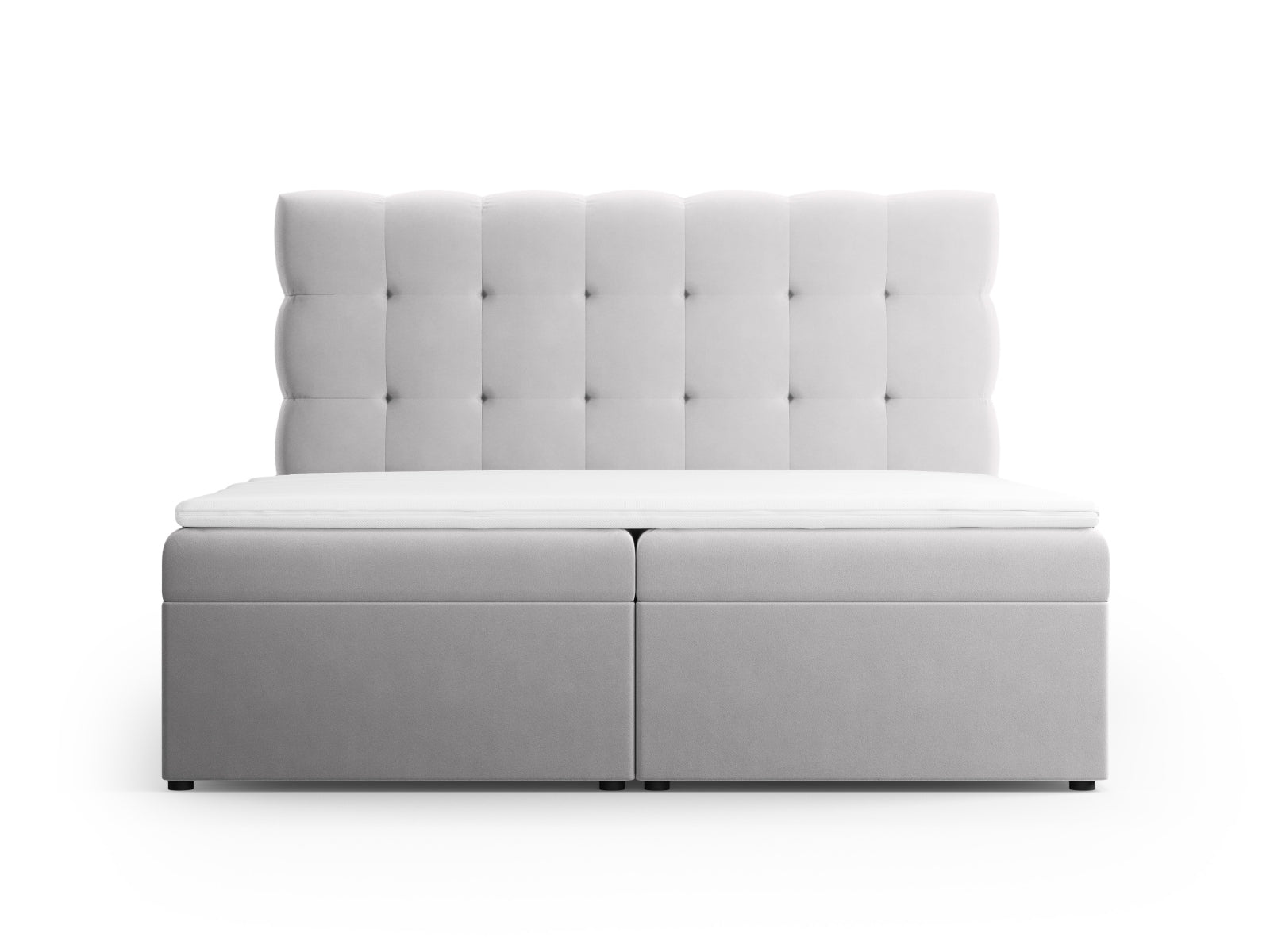 Elegantes Mamaia Boxspringbett-Set in Silver/Schwarz-Bluvel, bestehend aus Kopfteil, Boxspringmatratze und Topper, ideal für stilvolle Schlafzimmer.
