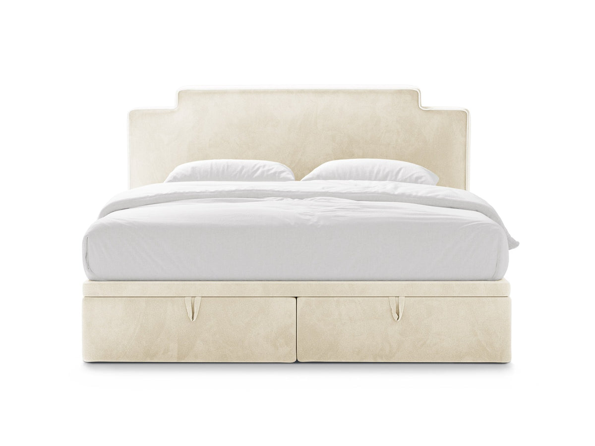 Foto des Princess Ablagebetts mit gepolstertem Kopfteil, Bettkasten und schwarzen Kunststoffbeinen, Bezug aus elfenbeinfarbenem Samtvelours.