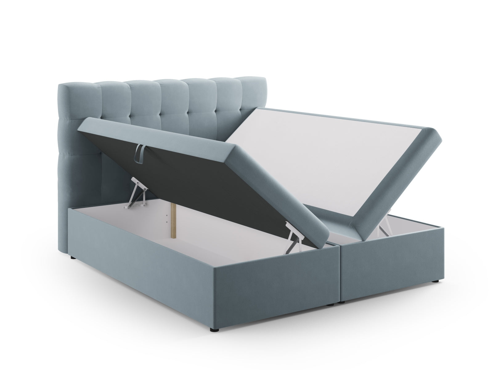 Elegantes Mamaia Boxspringbett-Set in sanften Tönen, bestehend aus Kopfteil, Boxspringmatratze und Topper, ideal für stilvolle Schlafzimmer.
