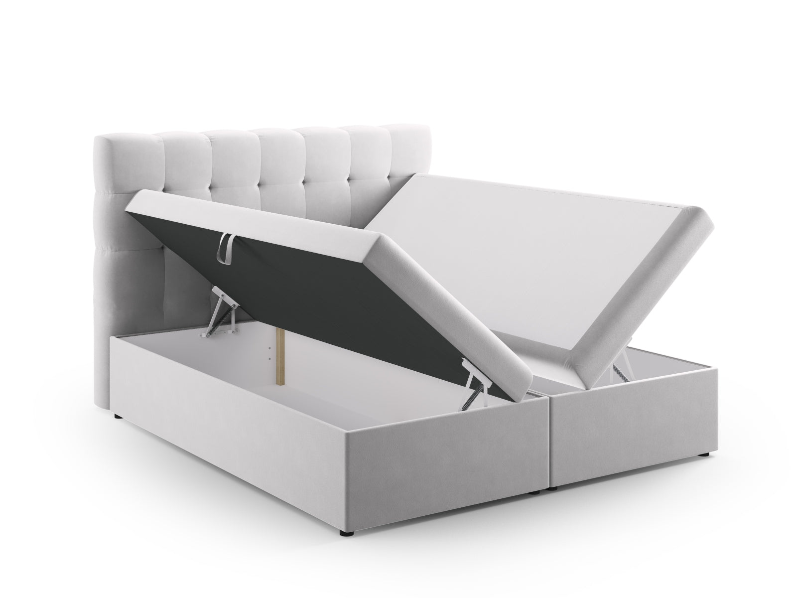 Stilvolles Mamaia Boxspringbett-Set in edlem Silber und Schwarz-Bluvel, inklusive Kopfteil, Matratze und Topper für modernen Schlafkomfort.