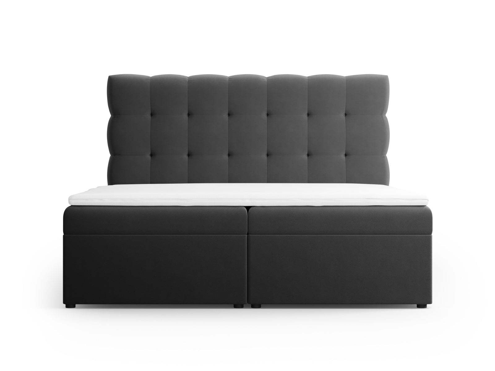 Elegantes Mamaia Boxspringbett-Set in Grau/Schwarz-Bluvel, bestehend aus Kopfteil, Boxspringmatratze und Topper, ideal für stilvolle Schlafzimmer.