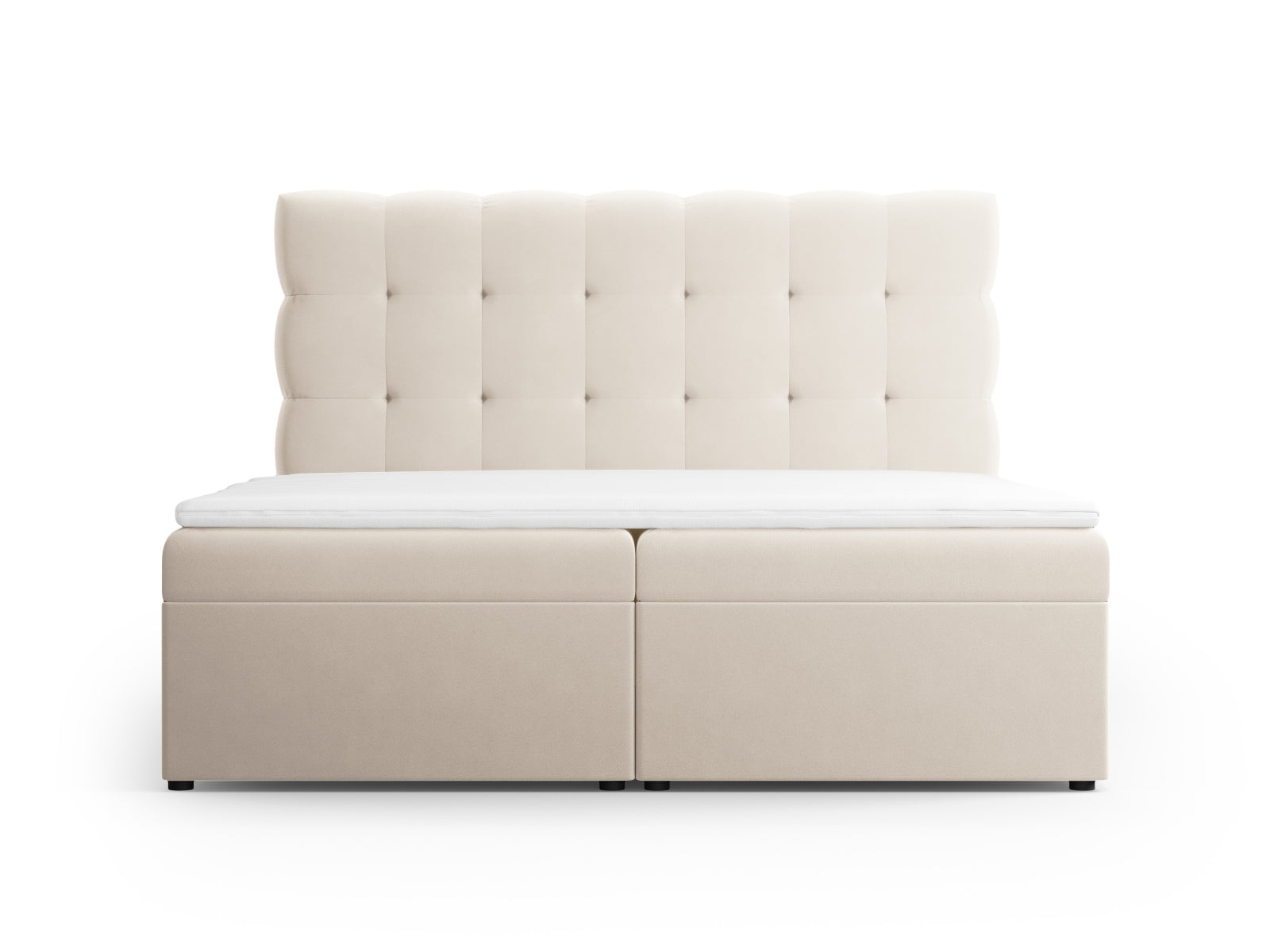 Elegantes Mamaia Boxspringbett-Set in Light Beige und Schwarz-Bluvel, bestehend aus Kopfteil, Boxspringmatratze und Topper, ideal für stilvolle Schlafzimmer.