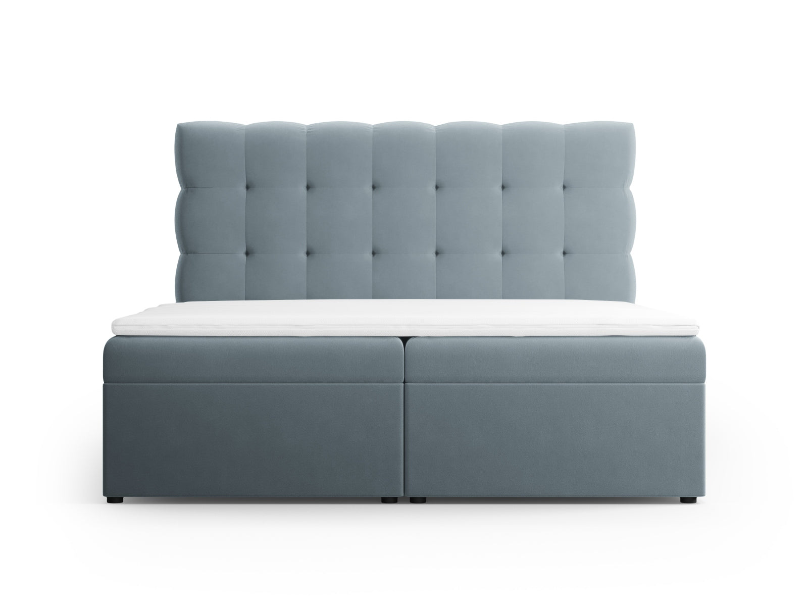 Elegantes Mamaia Boxspringbett-Set in Hellblau und Schwarz, bestehend aus Kopfteil, Boxspringmatratze und Topper, ideal für stilvolle Schlafzimmer.