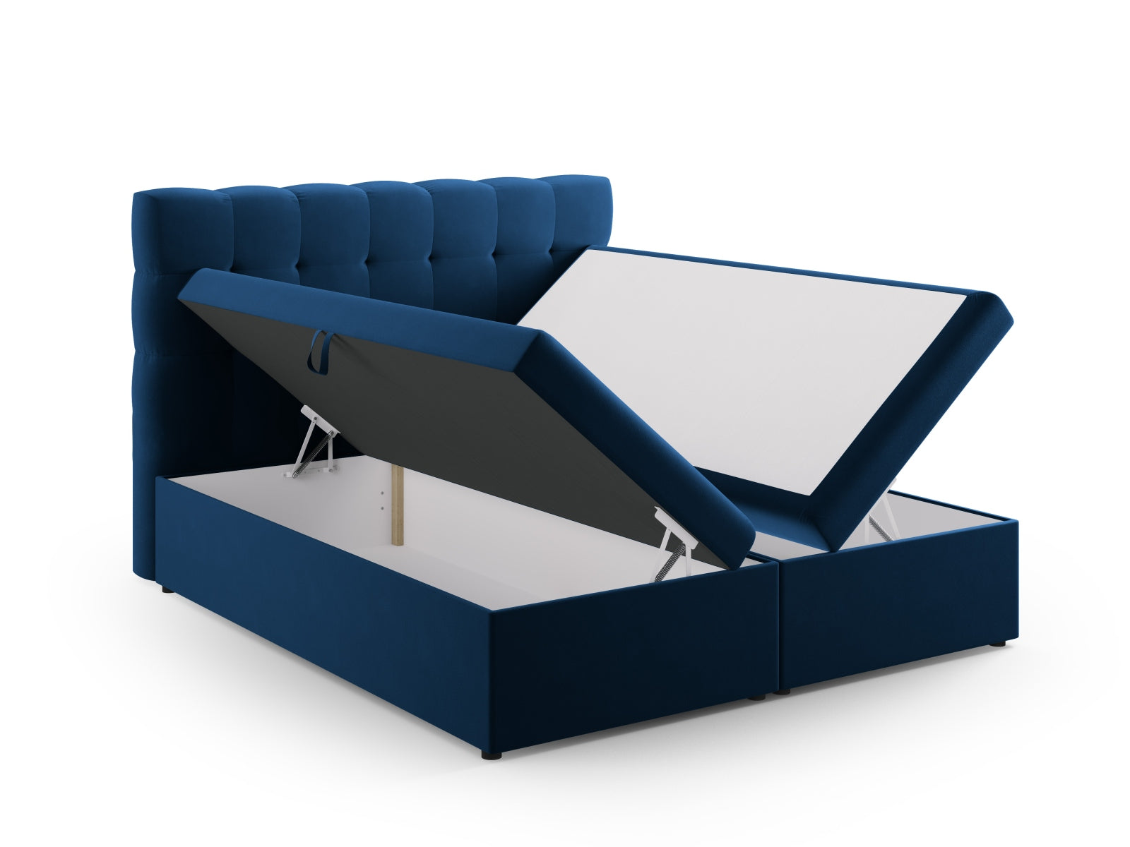 Elegantes Boxspringbett-Set Mamaia in Royal Blue, inklusive Kopfteil, Matratze und Topper, ideal für stilvolle Schlafzimmer.