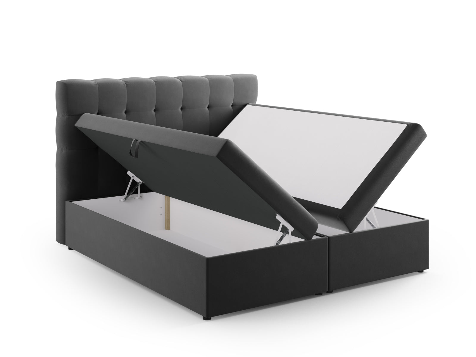 Stilvolles Mamaia Boxspringbett-Set in Grau/Schwarz mit Kopfteil, Matratze und Topper, perfekt für moderne Schlafzimmergestaltung.