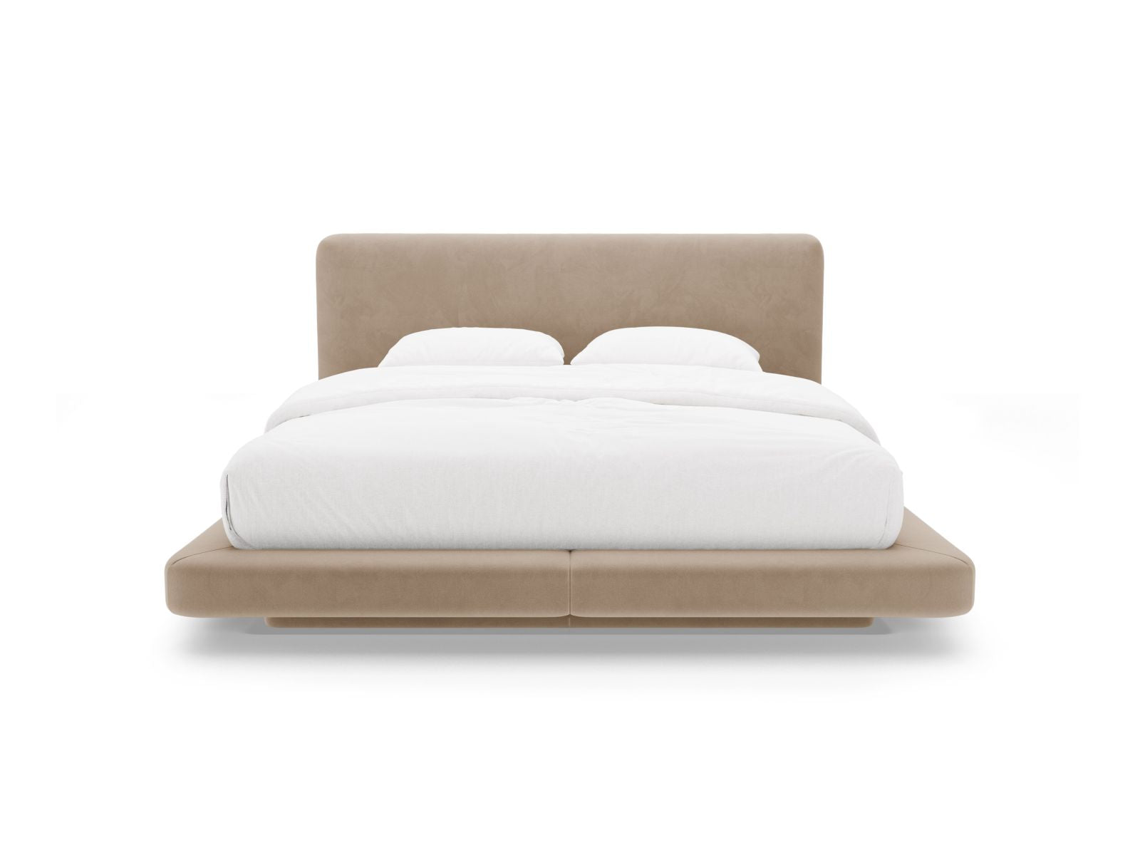 Elegantes Linea Bett mit 200 cm Kopfteil in Almond Beige aus Magic Velvet, ideal für stilvolle Schlafzimmergestaltung.
