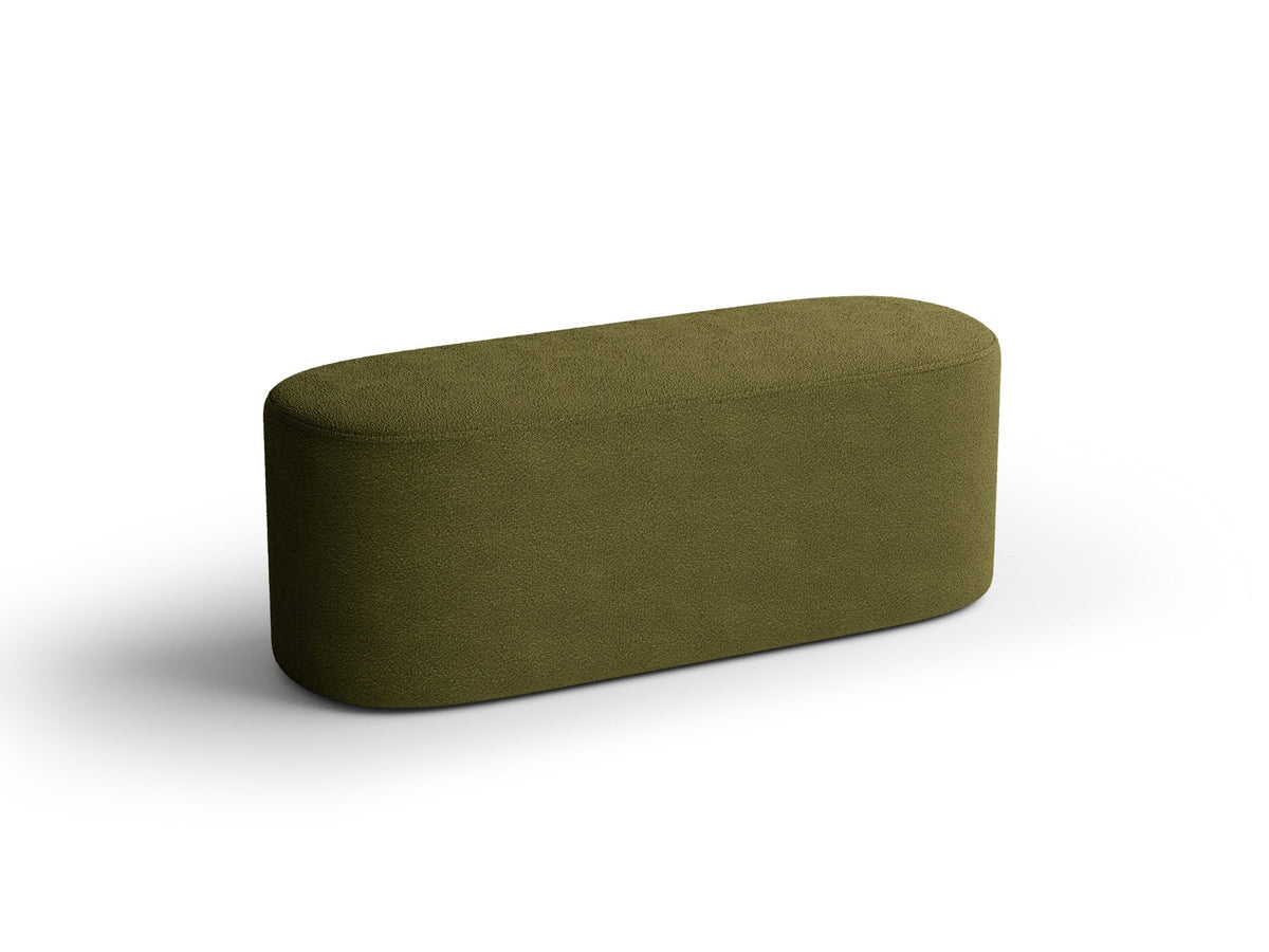 Weisse Sitzbank Dia von Micadoni mit gepolstertem Bouclé-Bezug, schwarzen Kunststoffbeinen und kompaktem, rechteckigem Design.