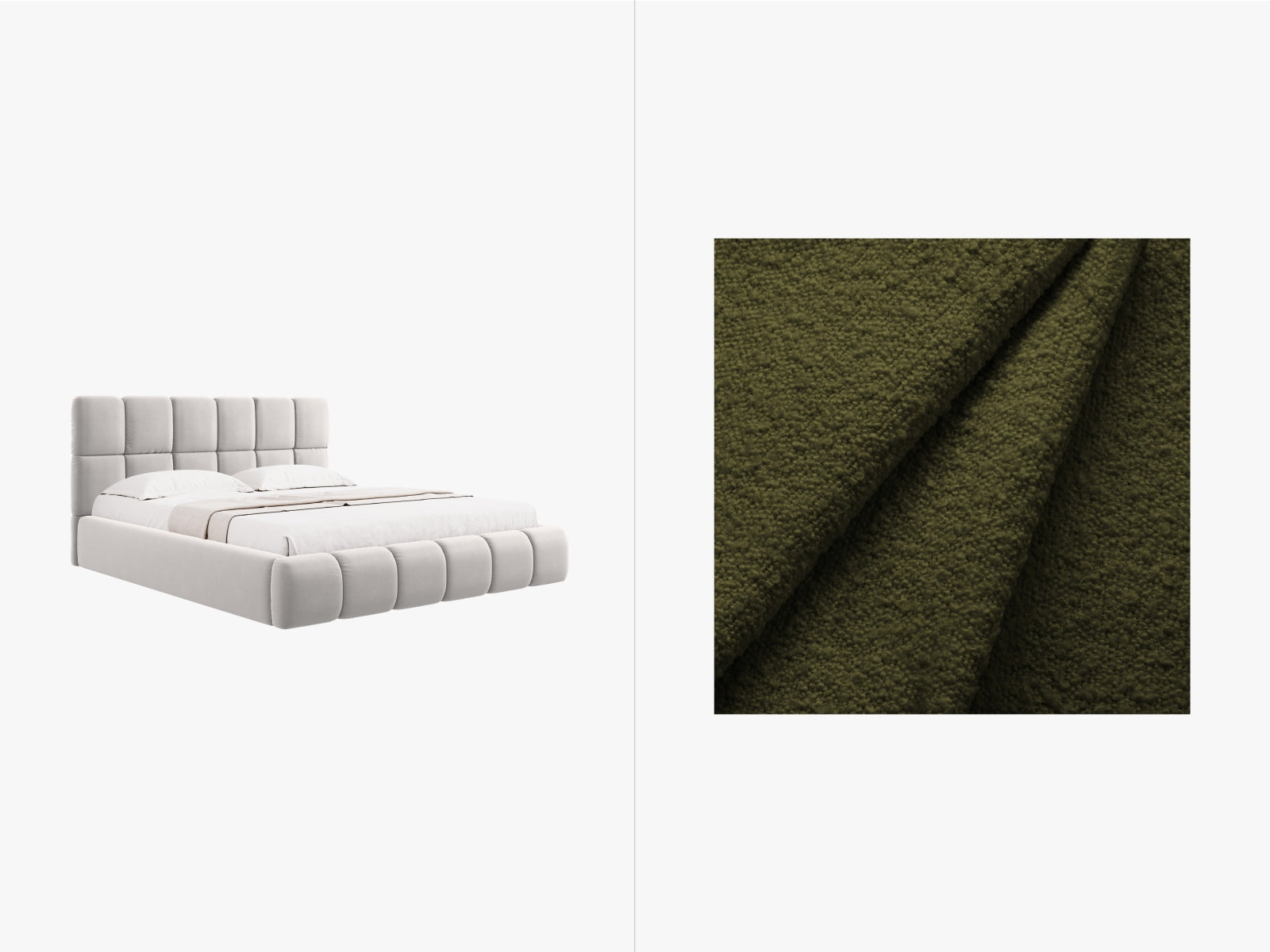 Bellis Boucle Bett mit Stauraum und Headboard 160cm in Dark Olive Green präsentiert im Onlineshop von KAQTU Design AG. Bett ist von Micadoni
