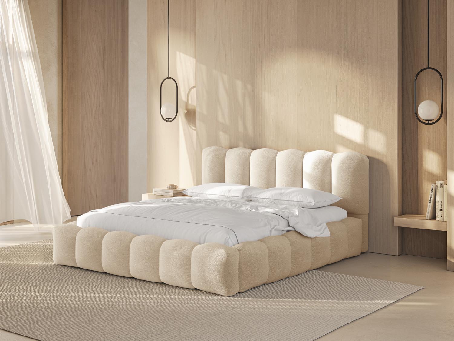 Elegantes Lupine Bett in Beige mit praktischem Stauraum und stilvollem Headboard, ideal für moderne Schlafzimmergestaltung.