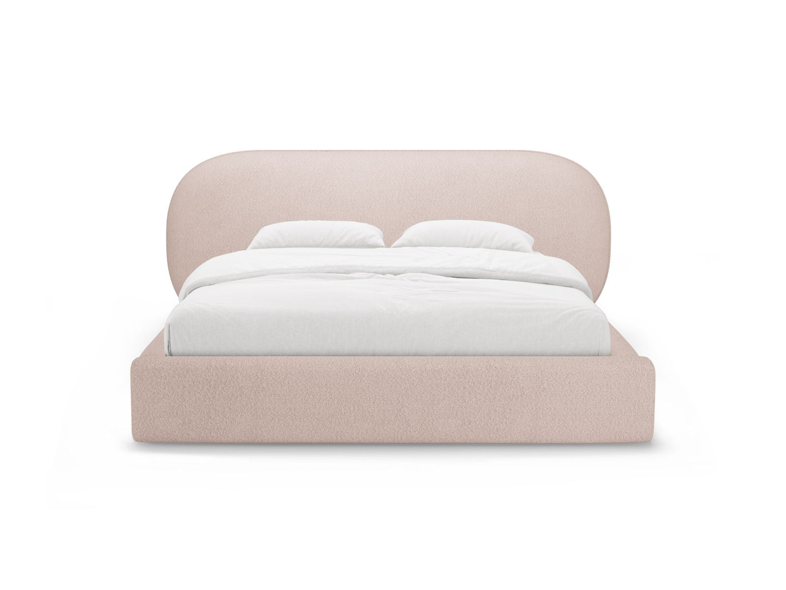 Elegantes Ovalo Bett mit praktischem Stauraum und stilvollem Kopfteil in sanftem Powder Pink von Micadoni, ideal für jedes Schlafzimmer.