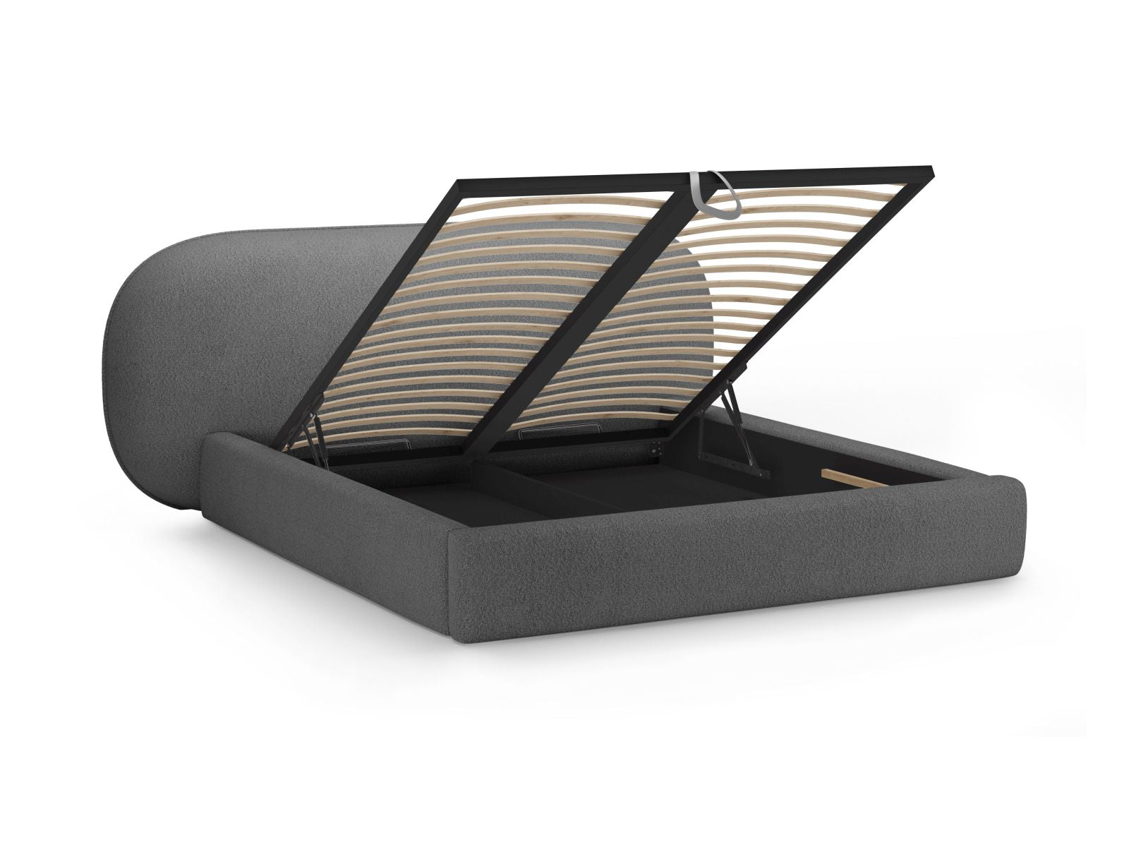 Elegantes Ovalo Bett in Dunkelgrau, 140 cm breit, bietet cleveren Stauraum und ein stilvolles Kopfteil für ein modernes Schlafzimmer.