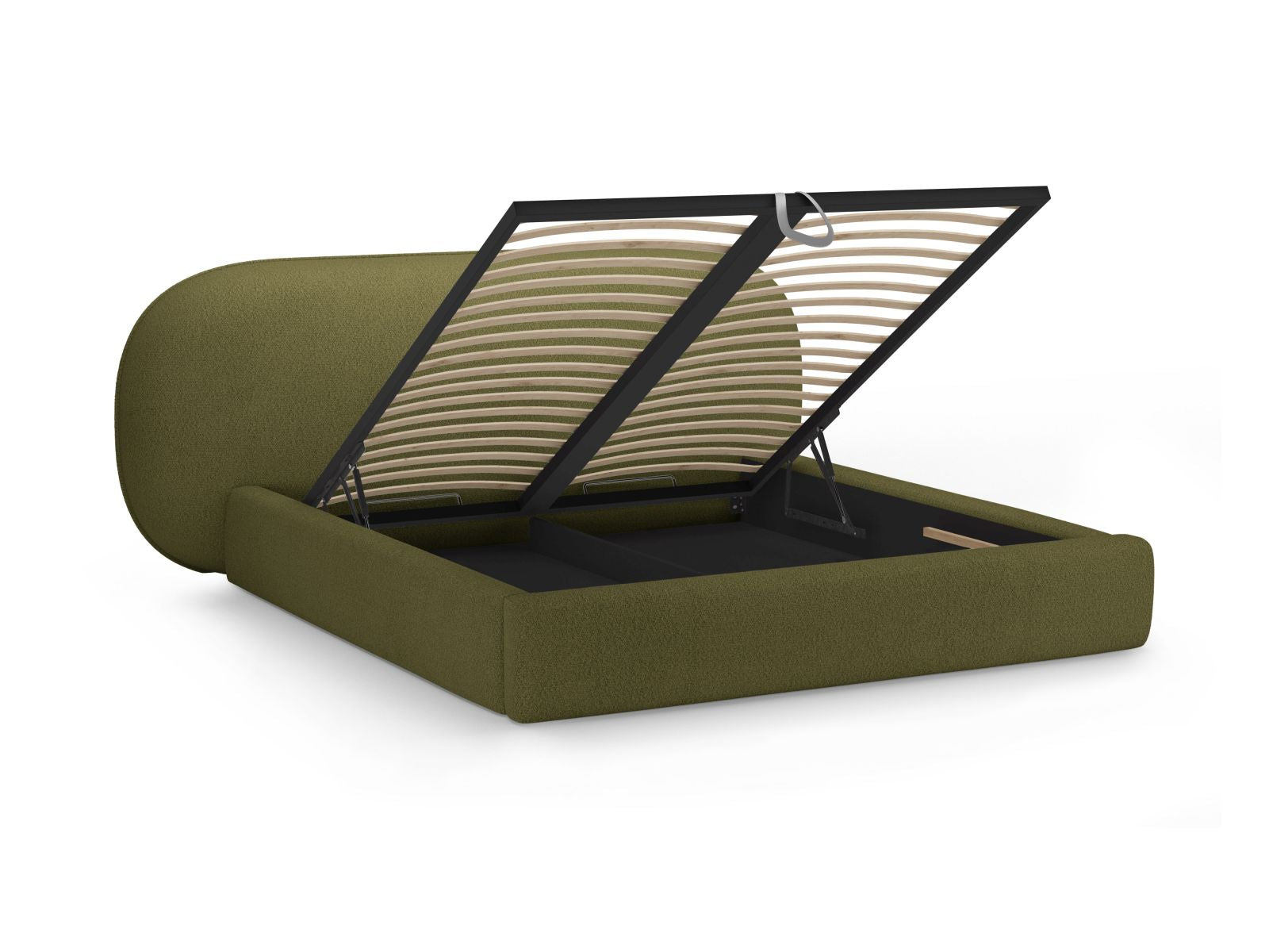 Elegantes Ovalo Bett in Dunkelolivgrün mit integriertem Stauraum und geschmackvollem Kopfteil, ideal für moderne Schlafzimmergestaltung.