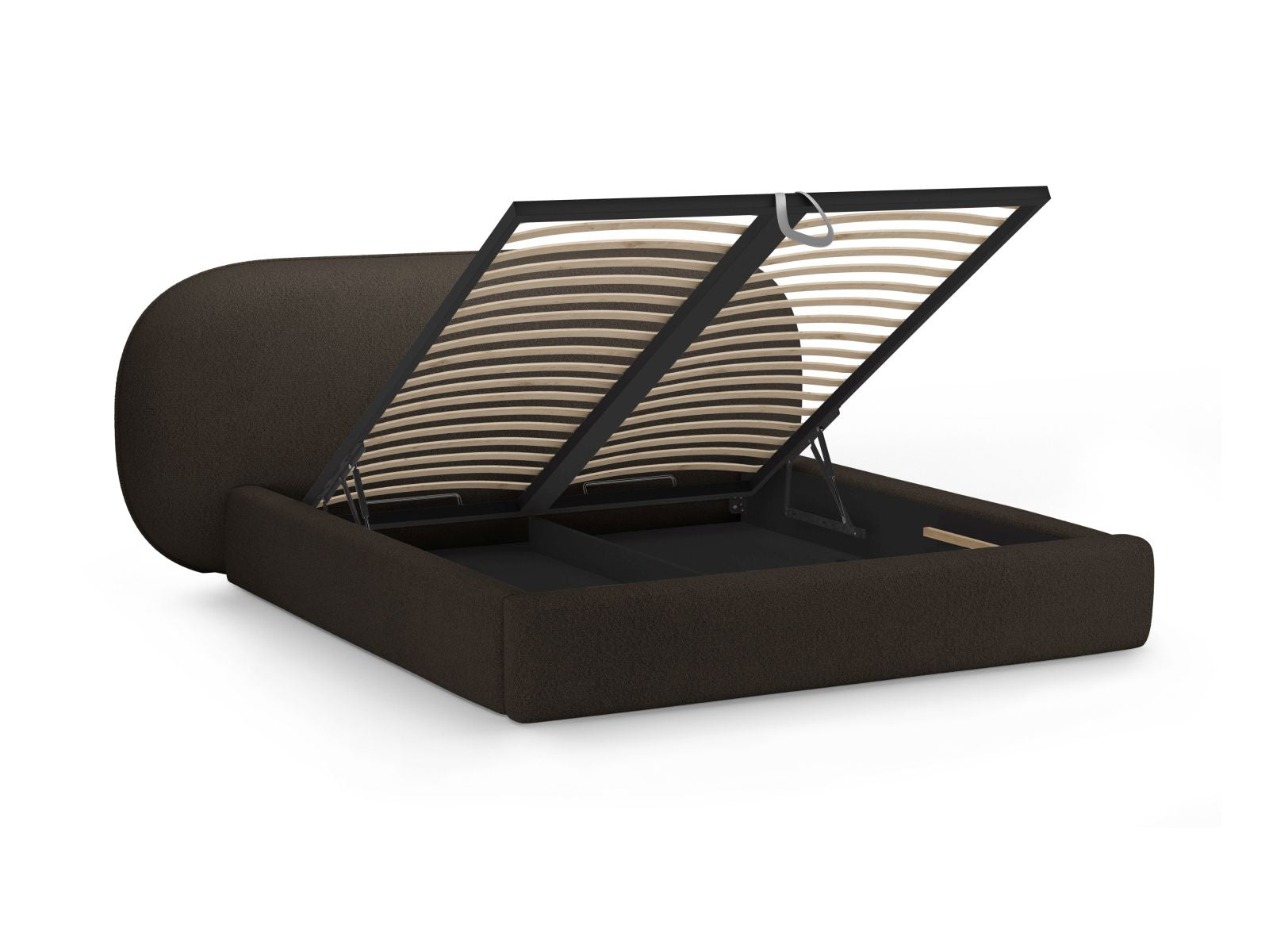 Elegantes Ovalo Bett mit 140 cm Breite, ausgestattet mit praktischem Stauraum und einem stilvollen Kopfteil in Braun, ideal für jedes Schlafzimmer.