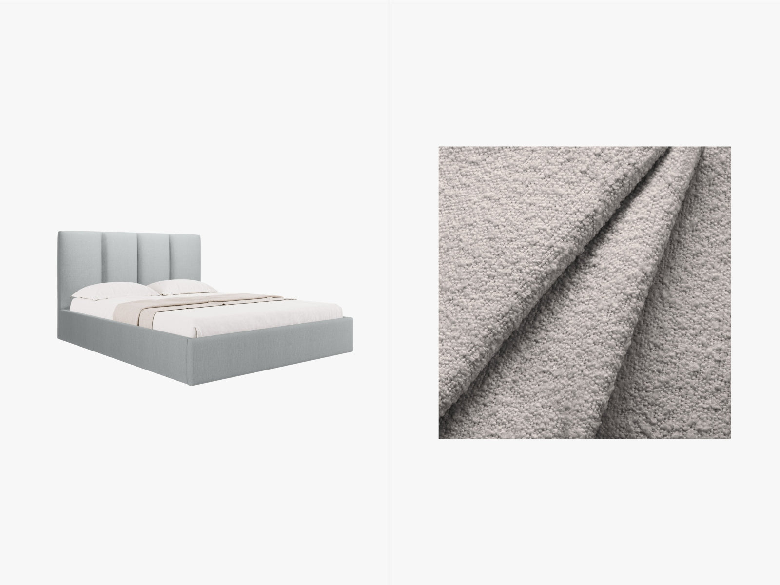 Phaedra Boucle Bett mit Stauraum und Headboard in Light Grey präsentiert im Onlineshop von KAQTU Design AG. Bett ist von Micadoni