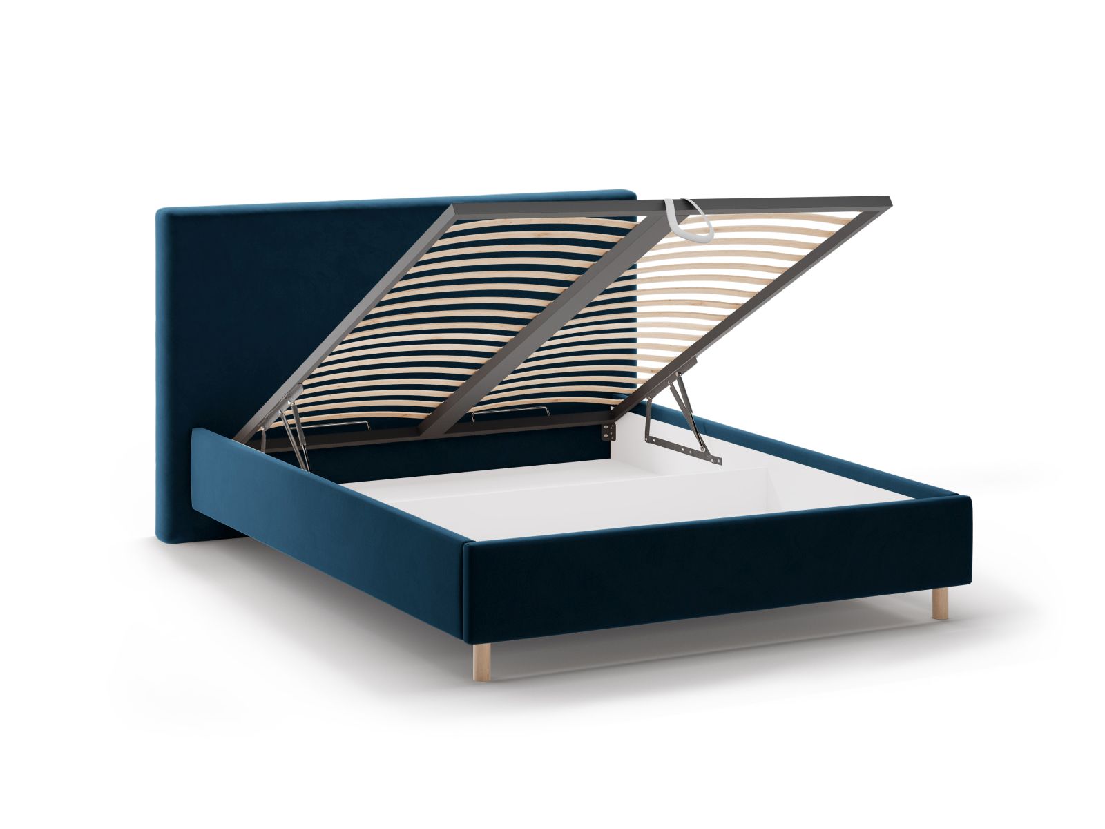 Stilvolles Eloise Bett in tiefem Navy Blue, ausgestattet mit praktischem Stauraum und einem eleganten Kopfteil für ein modernes Ambiente.