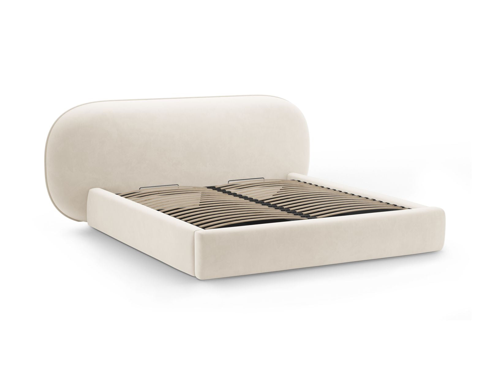 Modernes Ovalo Bett in Ivory-Magic Velvet, ausgestattet mit praktischem Stauraum und einem ansprechenden Kopfteil für stilvolle Schlafzimmer.