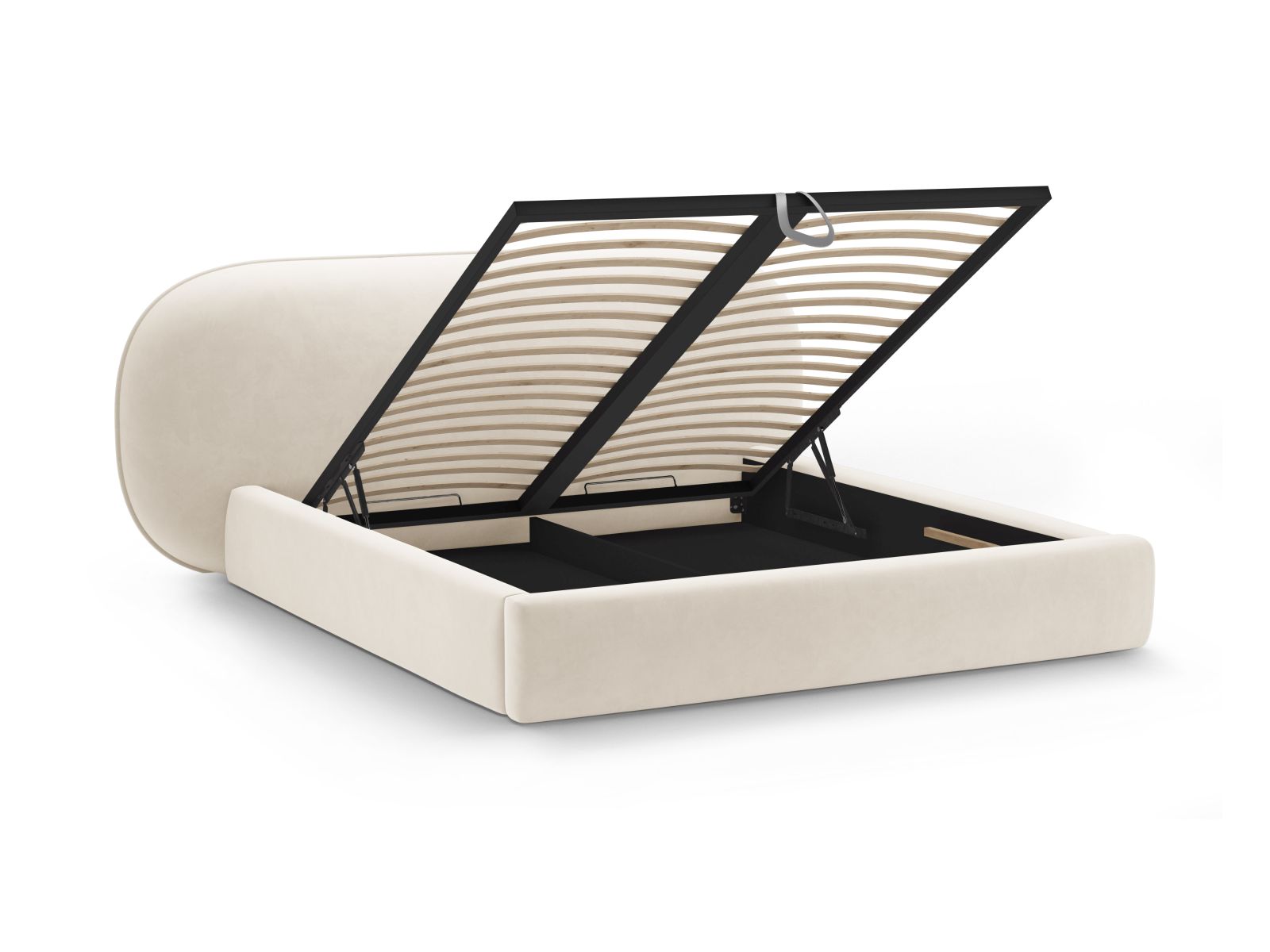 Elegantes Ovalo Bett in Ivory-Magic Velvet, 140 cm, mit integriertem Stauraum und geschmackvollem Kopfteil für ein modernes Schlafzimmer.