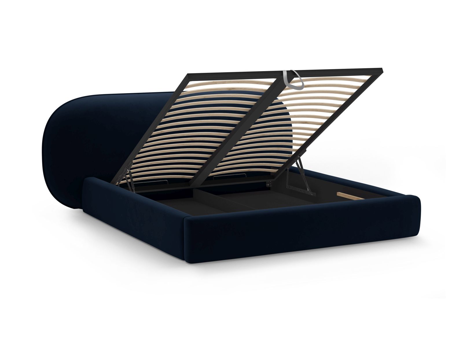 Elegantes Ovalo Bett in Royal Blue-Magic Velvet, 140 cm breit, mit praktischem Stauraum und stilvollem Kopfteil für modernen Komfort.