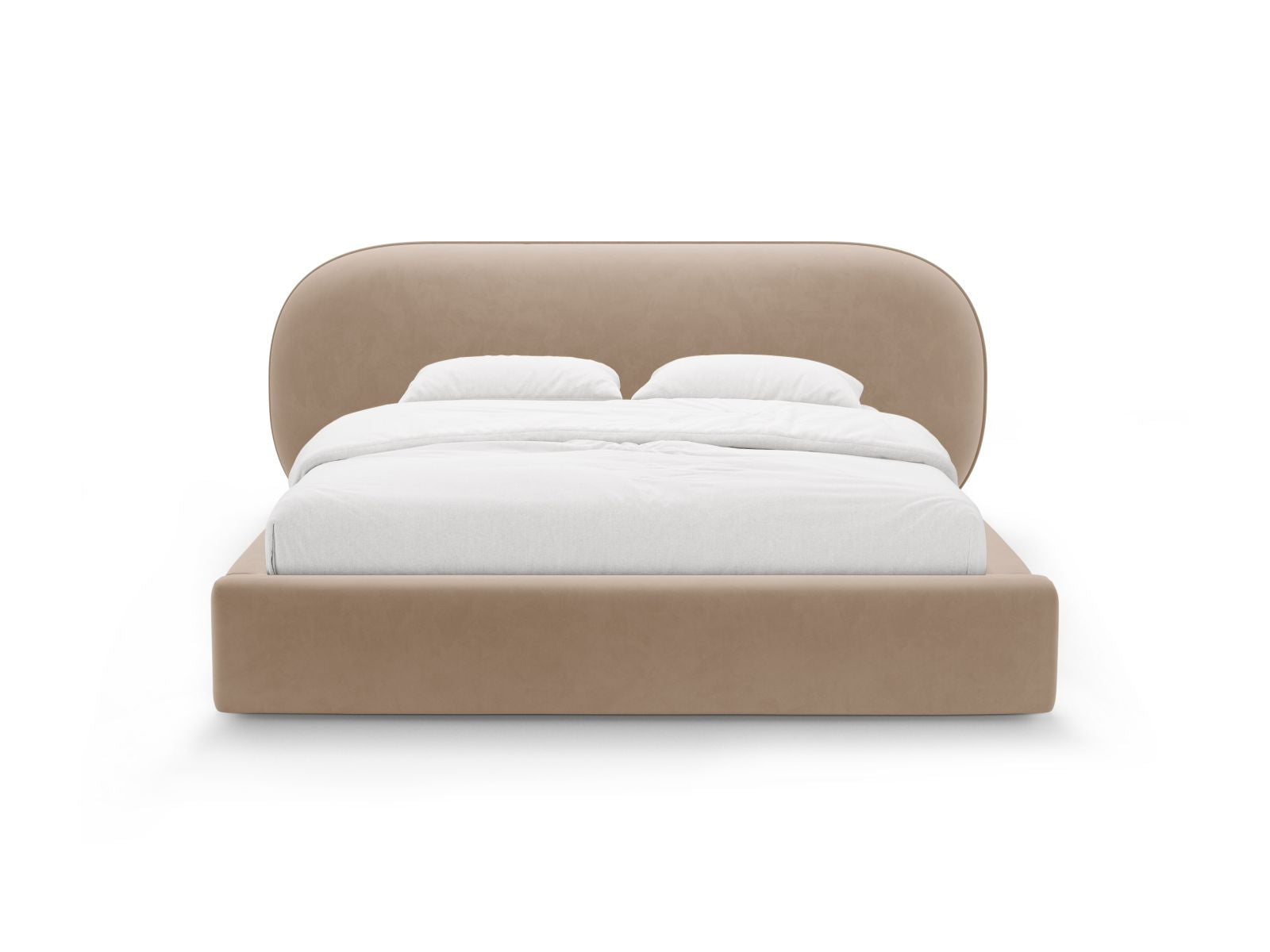 Elegantes Ovalo Bett mit 140 cm Kopfteil und praktischem Stauraum in Almond Beige-Magic Velvet, ideal für stilvolle Schlafzimmer.
