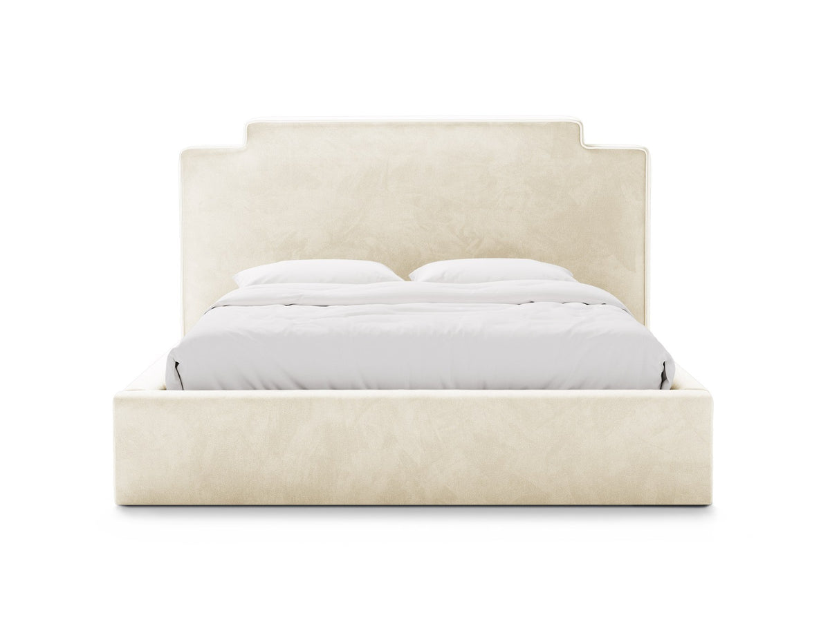 Samtbett Princess von Micadoni in Elfenbein mit gepolstertem Kopfteil, Bettkasten und Beinen aus Polypropylen, Frontansicht des Möbelstücks.