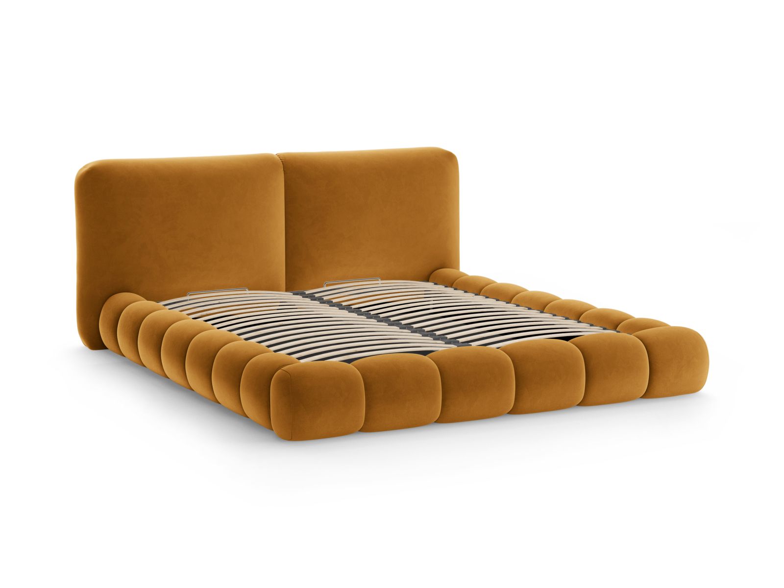 Elegantes Solange Bett in 140 cm Breite, mit weichem Kopfteil und integriertem Stauraum, in luxuriösem Mustard-Magic Velvet für stilvolle Schlafzimmer.