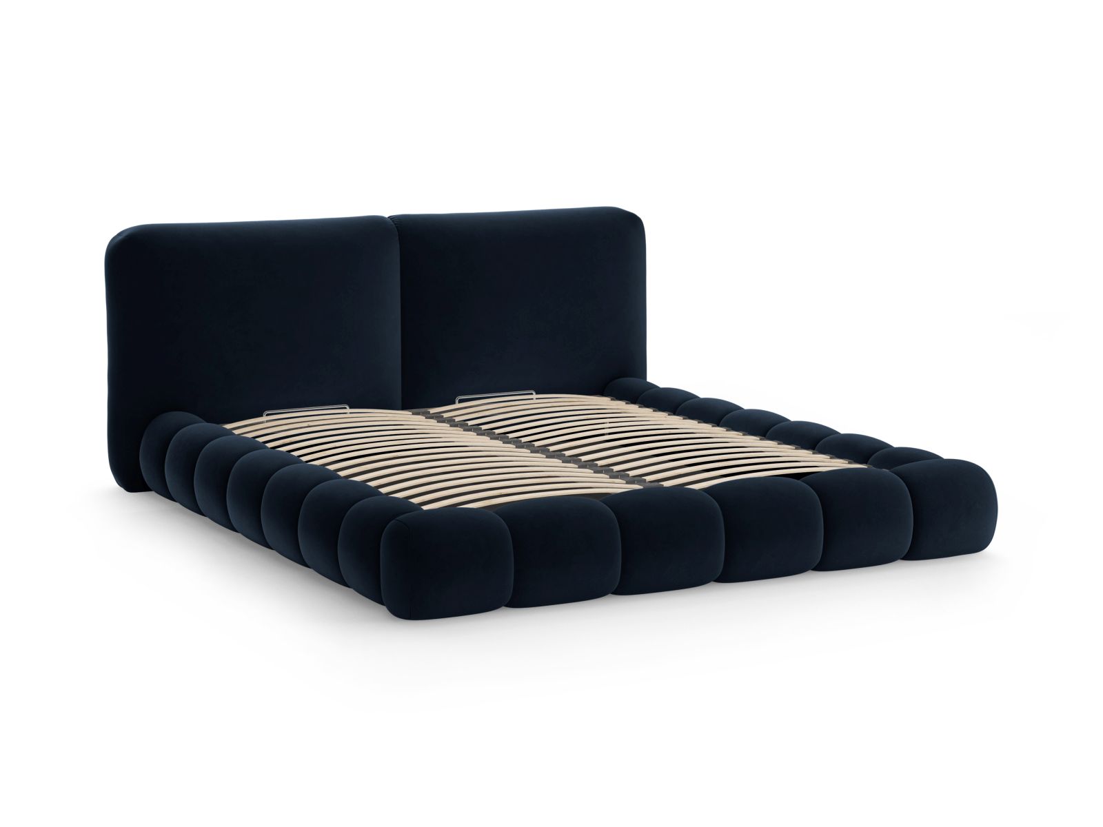 Elegantes Solange Bett in Royal Blue-Magic Velvet, 140 cm Kopfteil, bietet praktischen Stauraum und verleiht jedem Schlafzimmer einen modernen Touch.