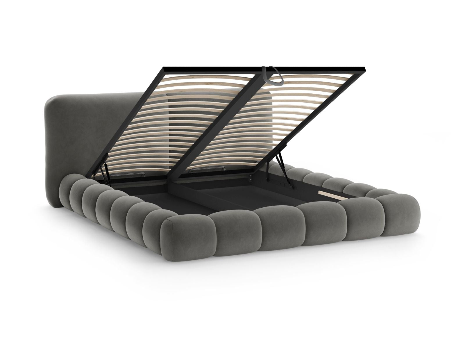 Stylisches Solange Bett in Dunkelgrau, 140 cm Kopfteil, bietet cleveren Stauraum für ein aufgeräumtes Schlafzimmer.