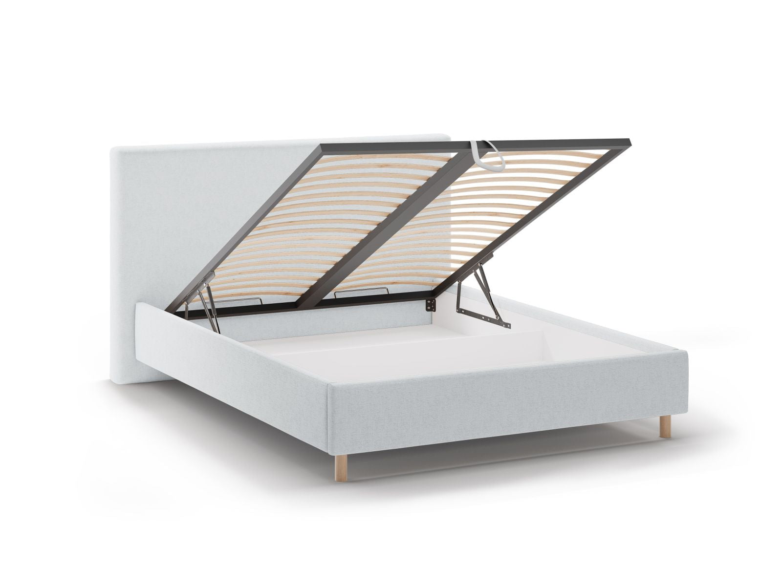 Stylisches Eloise Bett in sanftem Grau, bietet cleveren Stauraum und ein ansprechendes Kopfteil, perfekt für moderne Schlafräume.