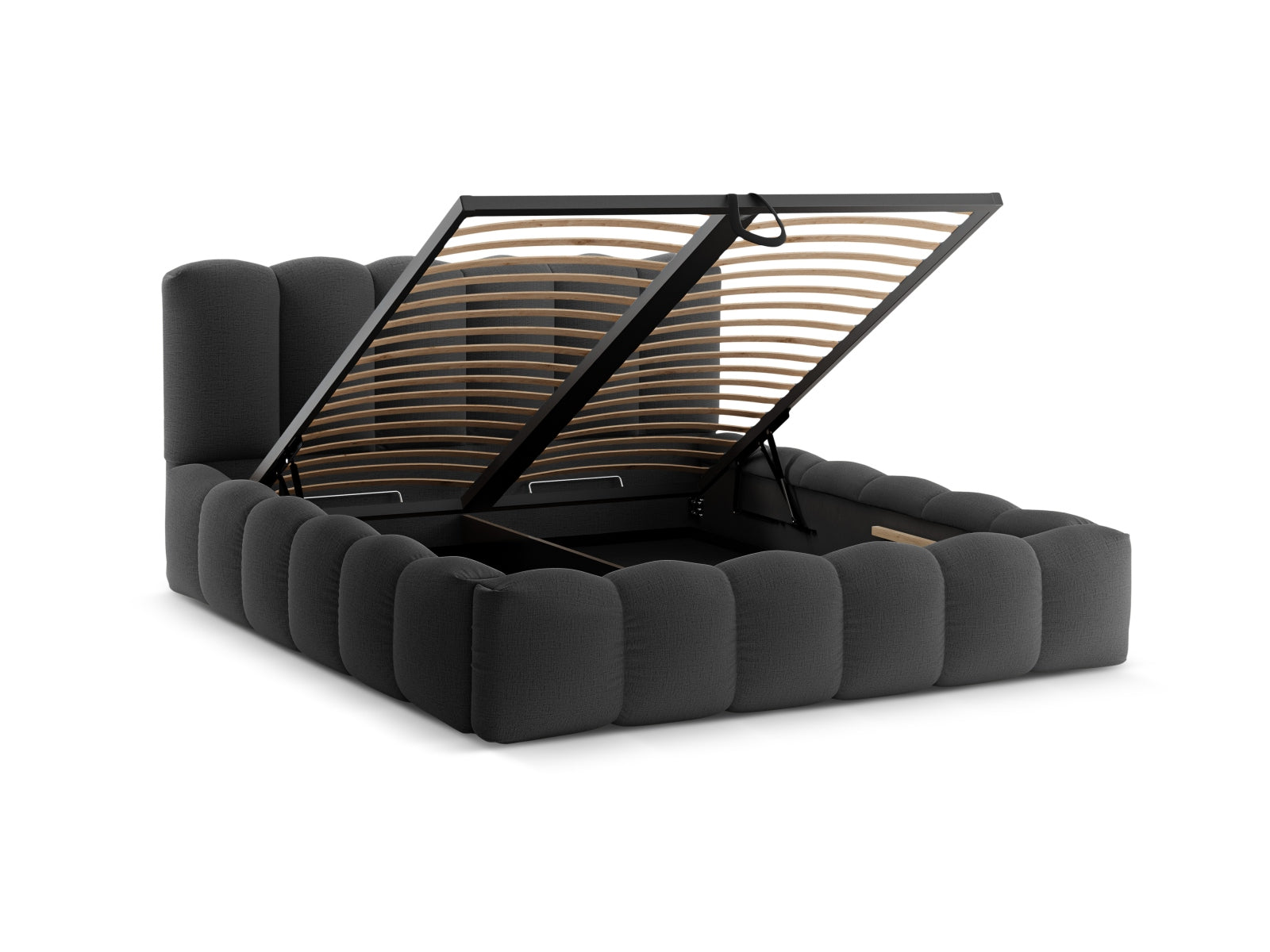 Modernes Lupine Bett in Anthrazit mit integriertem Stauraum und ansprechendem Kopfteil, perfekt für funktionale und stilvolle Schlafräume.