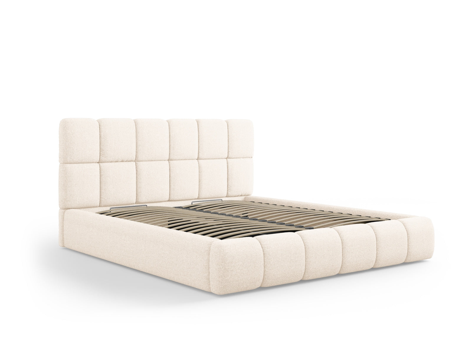 Stylisches Bellis Bett mit 140 cm Breite, ausgestattet mit praktischem Stauraum und einem ansprechenden Kopfteil in hellem Beige.