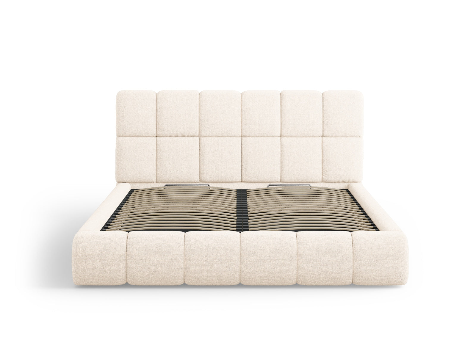 Elegantes Bellis Bett in 140 cm Breite, bietet cleveren Stauraum und ein modernes, hellbeiges Kopfteil für stilvolle Schlafzimmergestaltung.