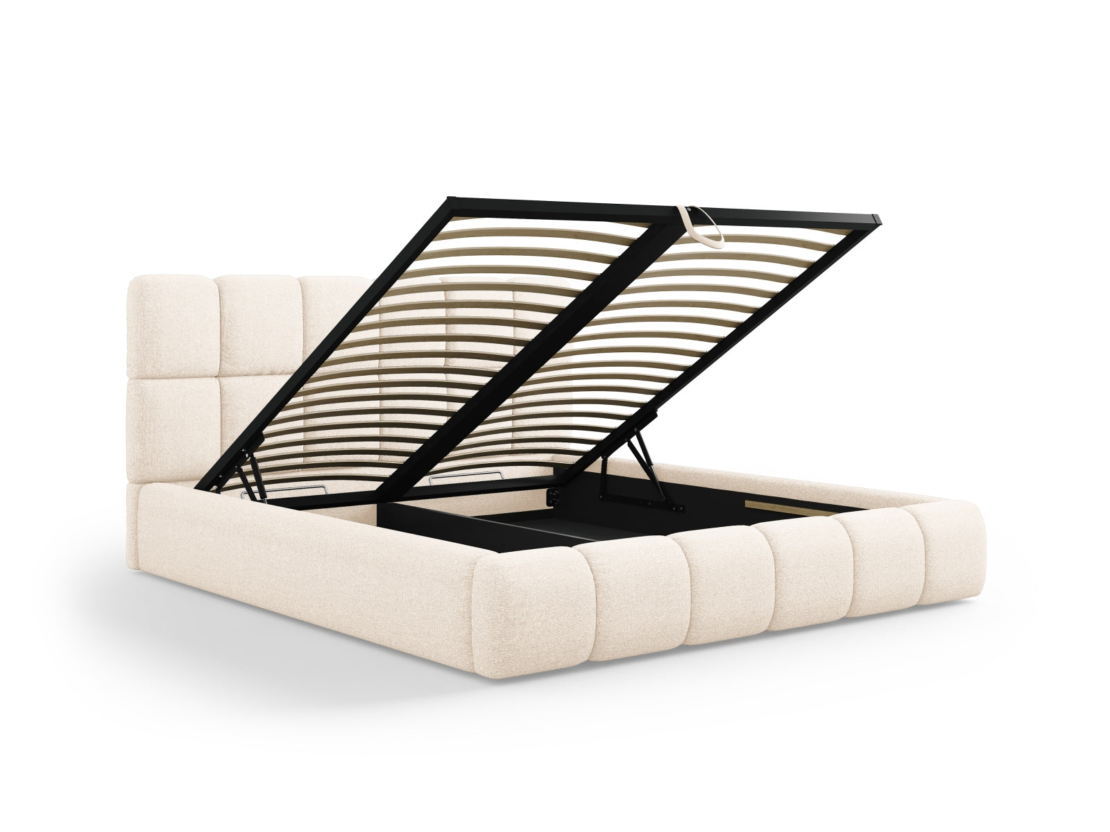 Modernes Bellis Bett in 140 cm Breite, bietet cleveren Stauraum und ein elegantes, hellbeiges Headboard für stilvolle Schlafzimmer.
