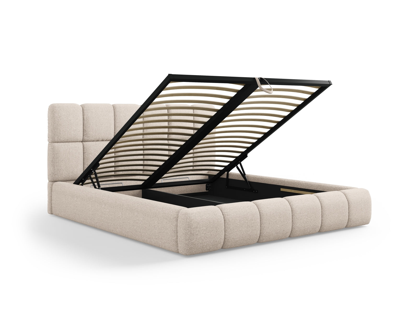 Stylisches Bellis Bett in 140 cm Breite, ideal für kleinen Raum, bietet cleveren Stauraum und ein modernes, beige Kopfteil.