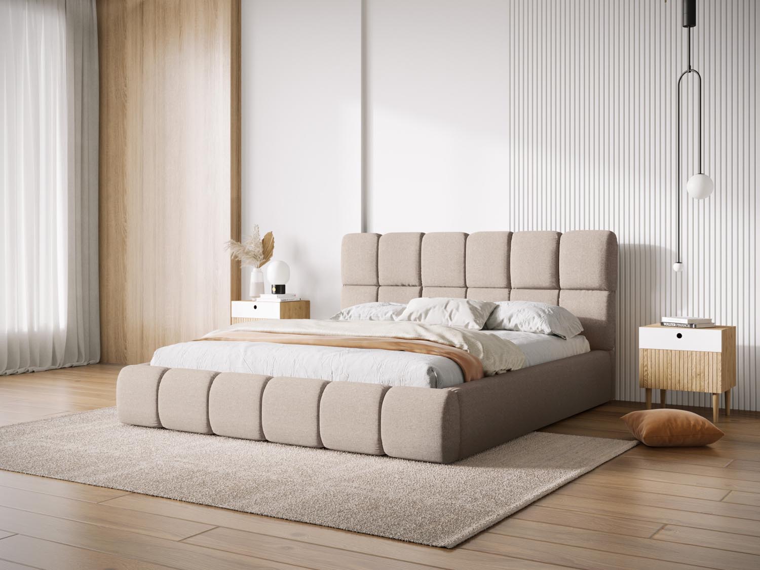 Elegantes Bellis Bett mit praktischem Stauraum und stilvollem Headboard in Beige, ideal für moderne Schlafzimmer.