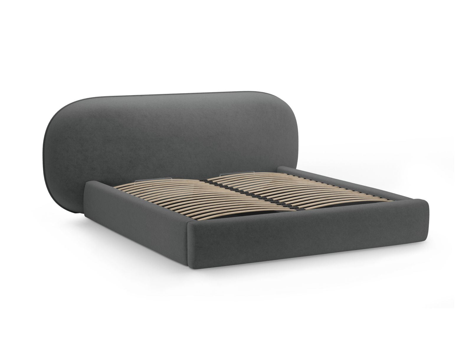 Modernes Ovalo Bett mit 140 cm Breite, praktischen Stauraum und geschmackvollem Kopfteil in Dunkelgrau, perfekt für stilvolle Schlafräume.