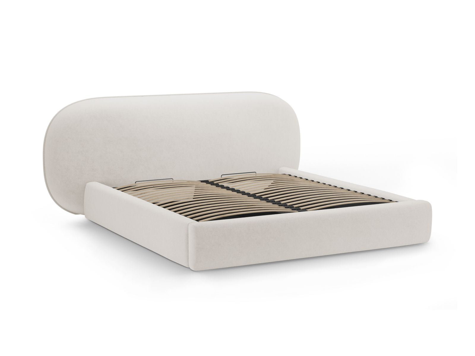Modernes Ovalo Bett mit 140 cm Breite, ausgestattet mit praktischem Stauraum und einem geschmackvollen Kopfteil in sanftem Beige.