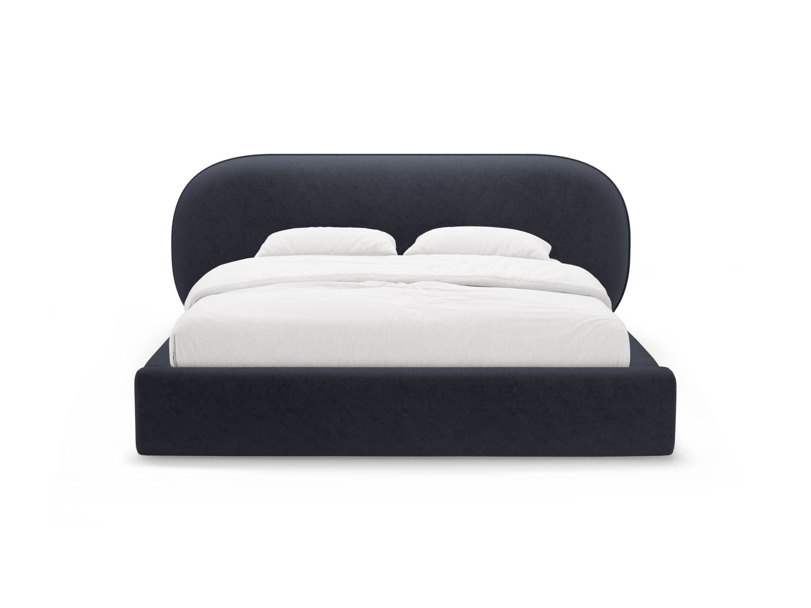 Elegantes Ovalo Bett mit 140 cm Breite, Stauraum und stilvollem Kopfteil in Dunkelblau, ideal für modernes Wohnen.