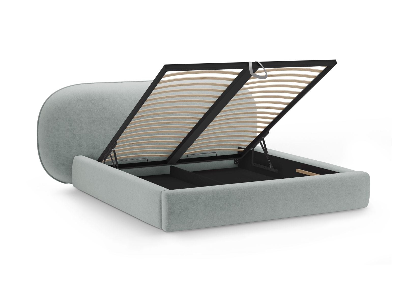 Elegantes Ovalo Bett in 140 cm Breite, bietet cleveren Stauraum und ein stilvolles Kopfteil in sanftem Hellblau für Ihr Schlafzimmer.