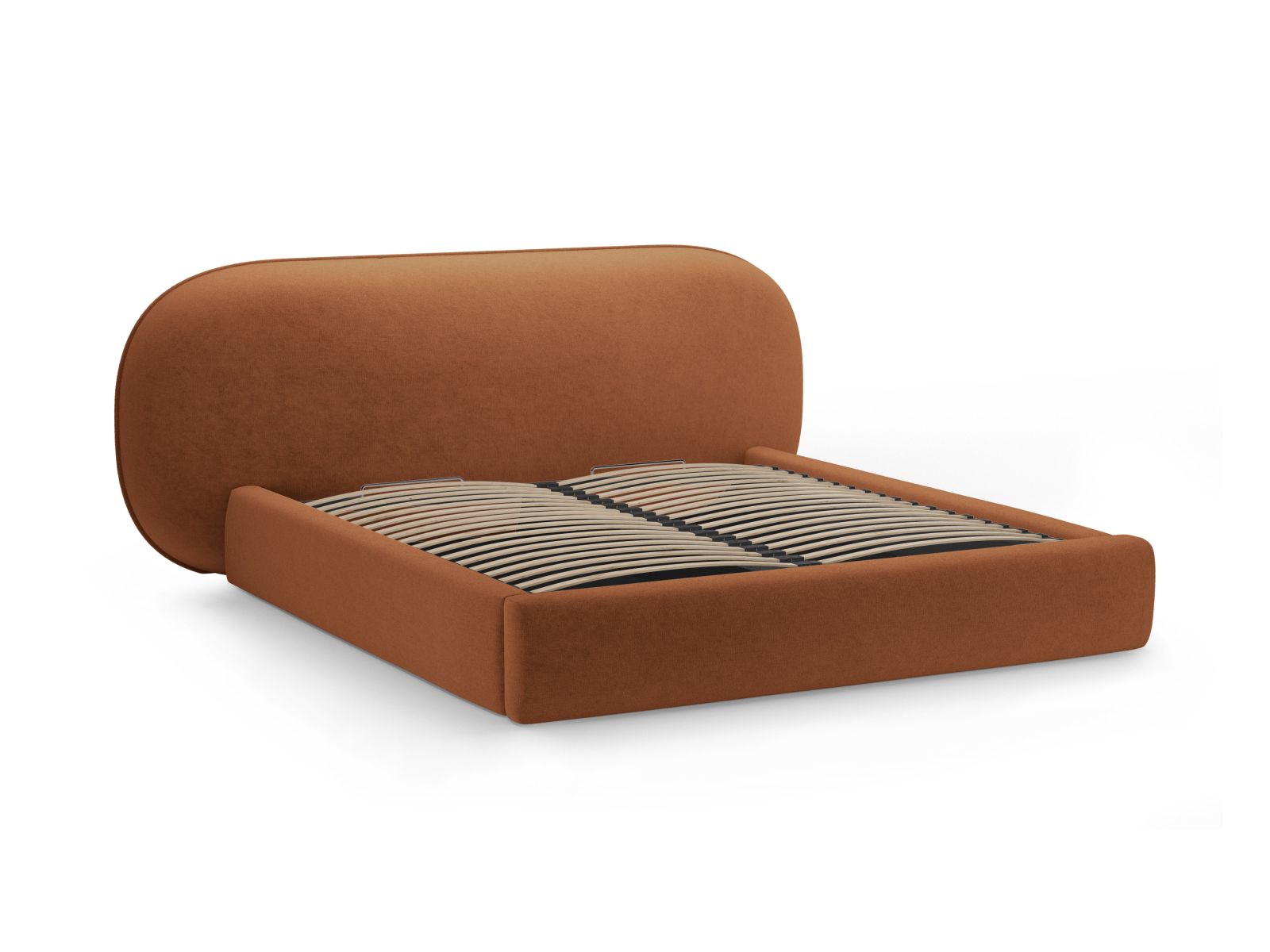 Modernes Ovalo Bett in Terracotta mit 140 cm Breite, praktischen Stauraum und geschmackvollem Kopfteil, perfekt für stilvolle Schlafzimmer.