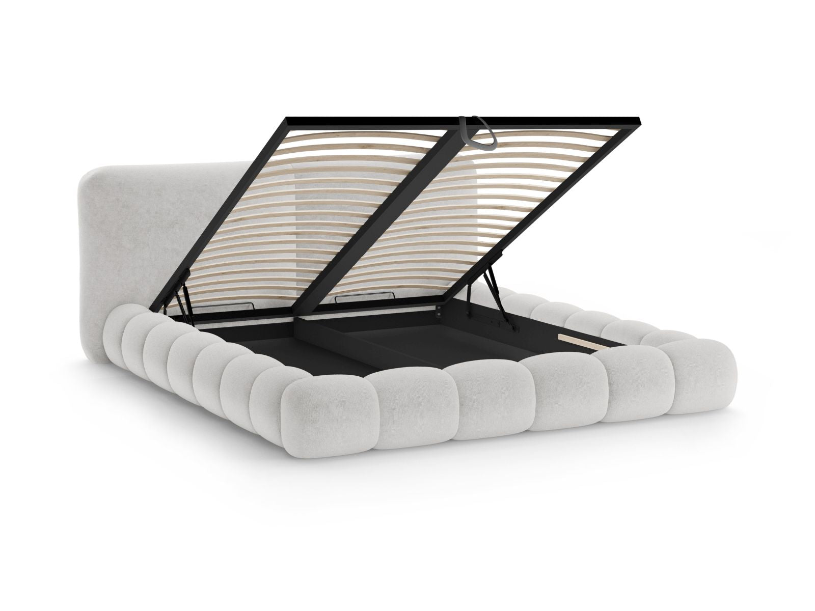 Modernes Solange Bett mit 140 cm hohem Kopfteil und integriertem Stauraum in sanftem Grau, perfekt für funktionale und stilvolle Schlafräume.