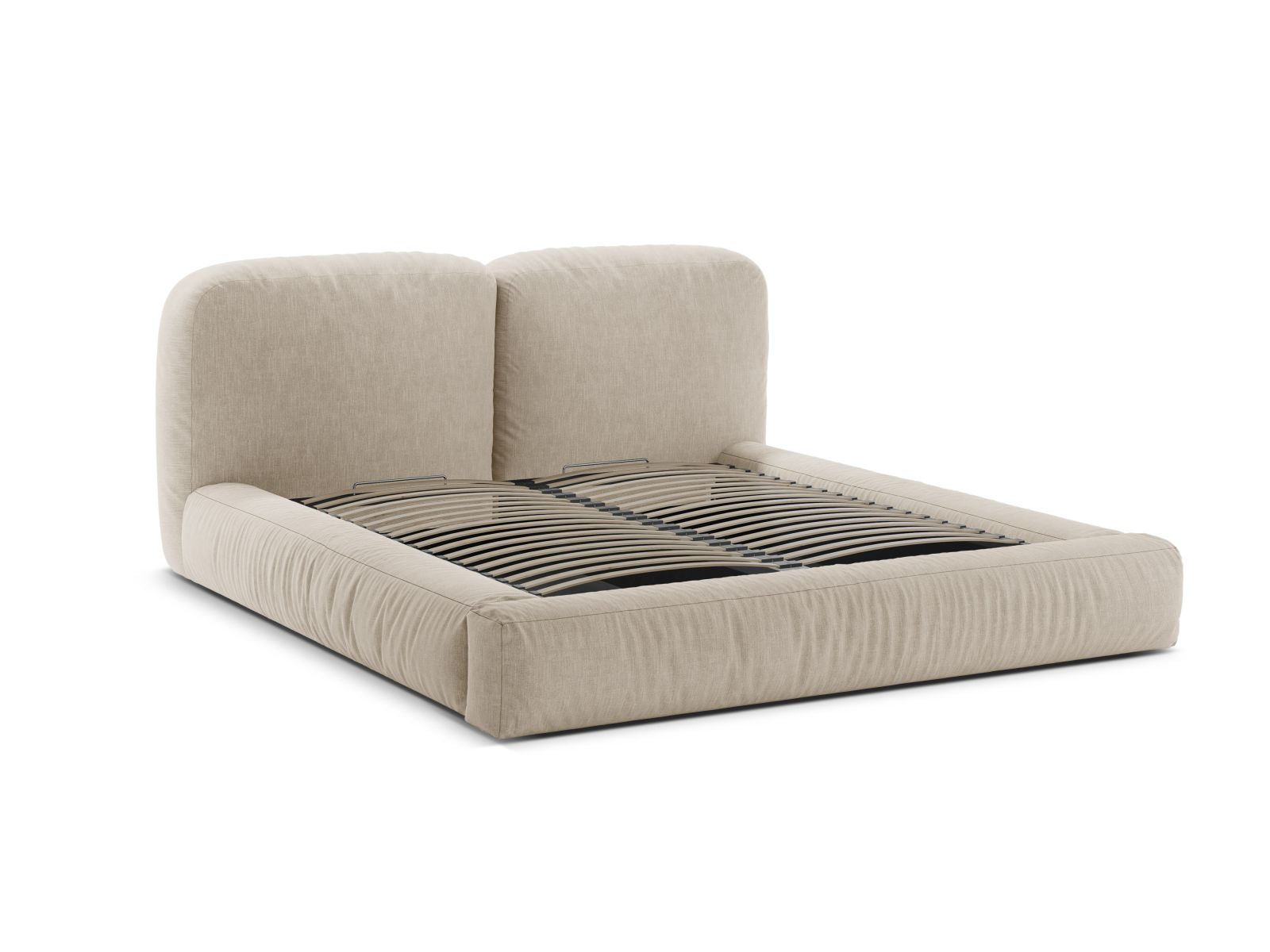 Elegantes Martina Bett in zartem Beige, bietet cleveren Stauraum und ein geschmackvolles Kopfteil, ideal für jedes moderne Schlafzimmer.