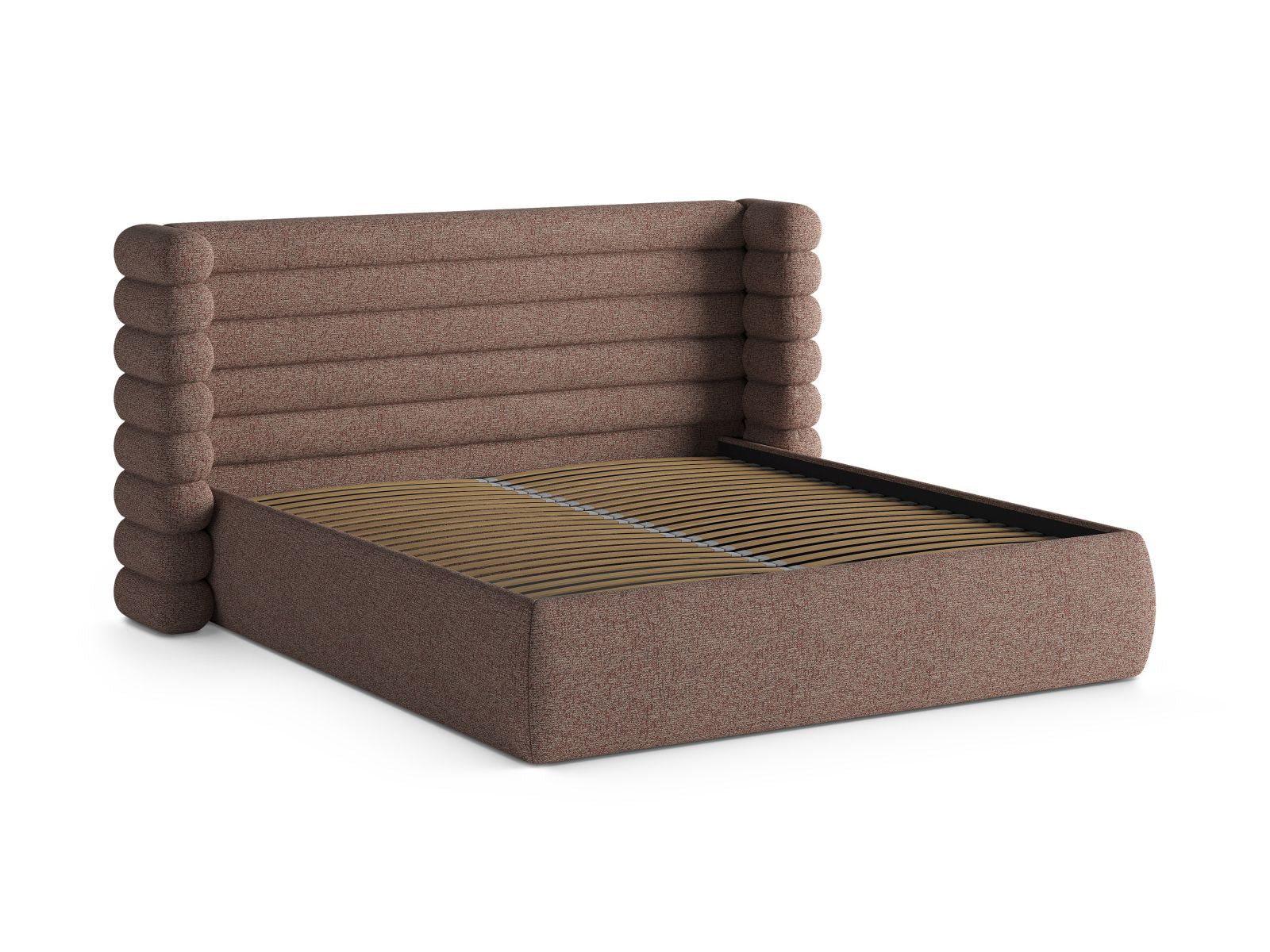 Modernes Mount Bett mit 140 cm Breite, ausgestattet mit Stauraum und einem stilvollen Kopfteil in Pink Melange, ideal für jedes Schlafzimmer.