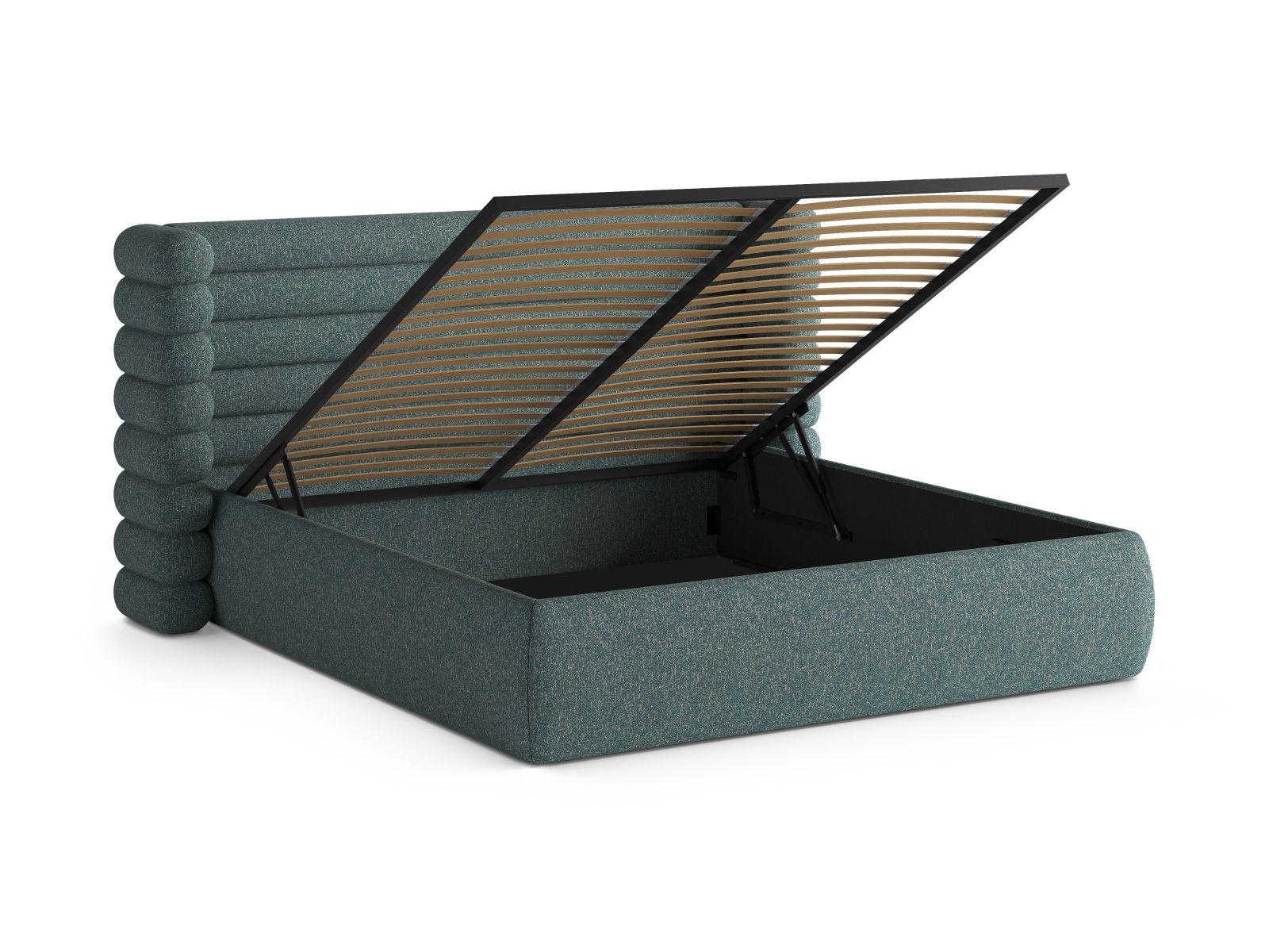 Stylisches Mount Bett in Blue Melange, 140 cm, bietet praktischen Stauraum und ein ansprechendes Kopfteil für ein modernes Ambiente.
