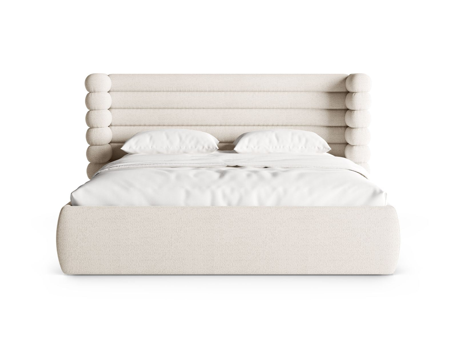 Stylisches Mount Bett mit praktischem Stauraum und elegantem Kopfteil in Light Beige-CORAL, ideal für moderne Schlafzimmer.